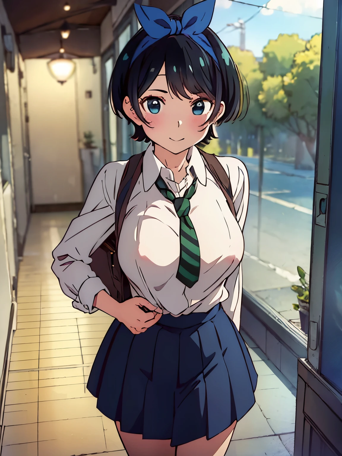 (Best quality:1.5), Highres, Masterpiece, Detailed, Photo, Ultra-detailed digital anime art, clear face depiction, top quality colours, ((nsfw:1.2, masterpiece, best quality, high-res, UHD)), Anime Style, Soft Line Art, Digital Enhancement, beautiful anime girl, beautiful art style, anime character, 1 girl, medium-small size breasts, standing, Smiling, Short Hair, school uniform, cafe afternoon, date in cafe