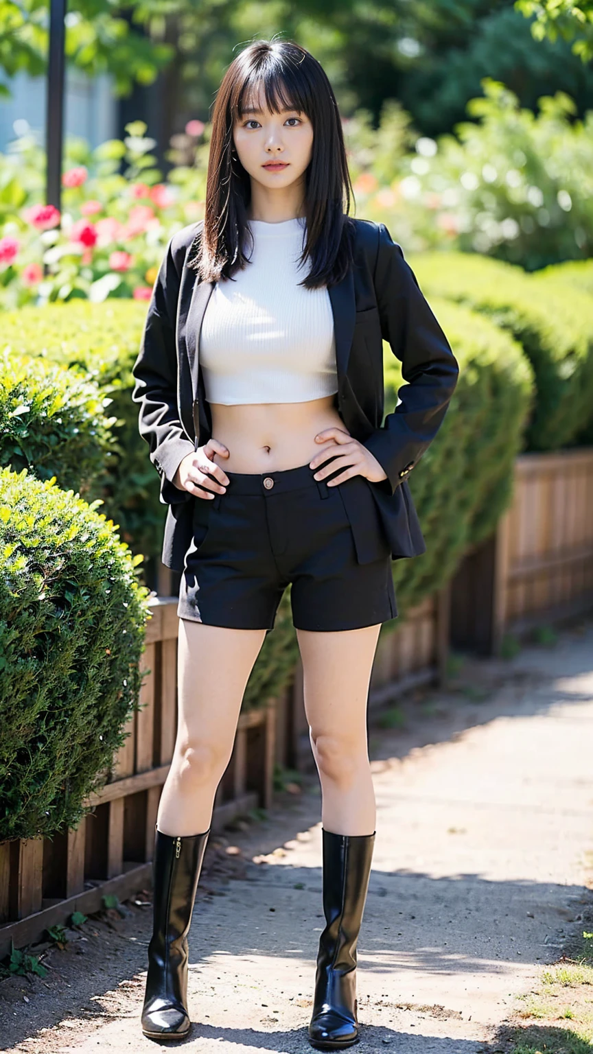 (8k、RAW Photos、Highest quality、masterpiece:1.2)、(Realistic、Realistic)、1 person、((sweater、Black shorts、Medium Hair、garden、garden、Breast enlargement、boots、cool、Thin legs、whole body、View from the front、Looking into the camera、Stand with hands on hips))、cute