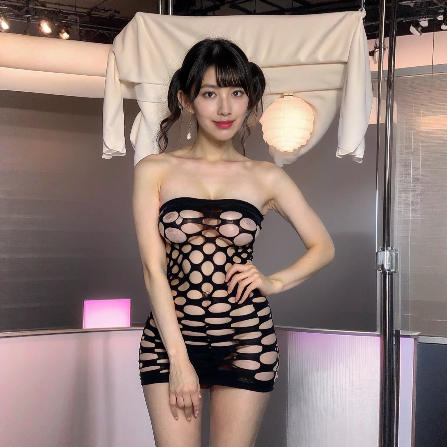 masterpiece, Highest quality, shape, Very detailed, Fine details, High resolution, 8k,wallpaper, Perfect dynamic composition,(High quality with attention to detail, Realistic depiction of eyes:1.3),  (1 Japanese woman standing in a Broadcasting station), Black hair color,　pigtails, Big Natural Color Lip,  Focus on the crotch, huge areola, tiny Breasts, Soft sagging breasts, Sexy pose, whole body shot,strapless pothole tube dress, see-through, transpbunny, hiyamasaya, detailed nipples, huge areola, pubic hair, pubic tattoo