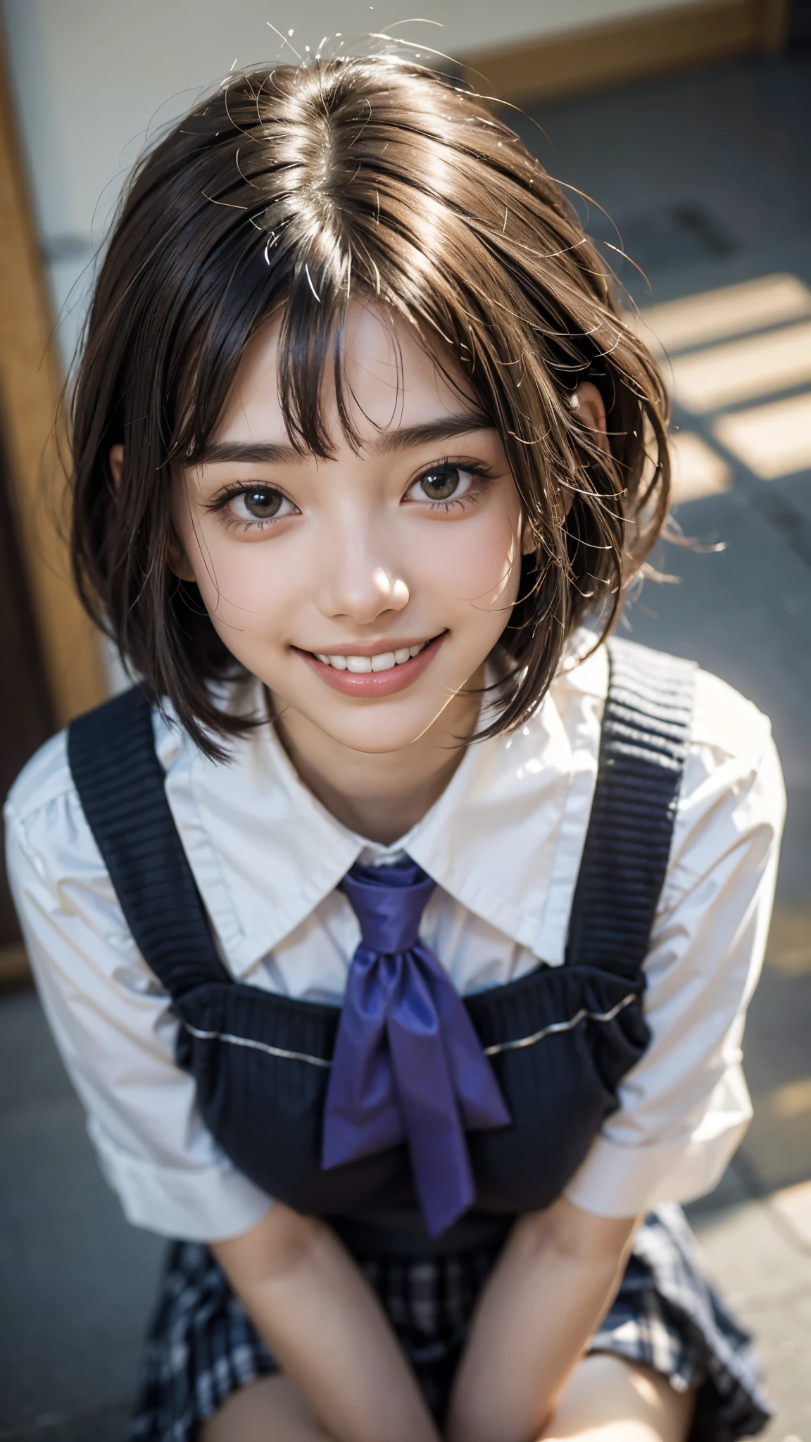 Highest quality, masterpiece, Ultra-high resolution,8k,((Toothy smile portrait:1.4)), (Realistic:1.6), ((Sparkling eyes)),((A radiant smile)), RAW Photos,((High School Simple Uniform,tie)),((Blue check pleated skirt)),((Soft looking breasts)),((Full body photo)),1 person,Slim 22 year old adult female,(Full of smiles, )) ,((Short bangs,Straight Bob Cut)),((Ribbon in hair)),((Looking up at the audience)),Face Focus:1.4,((Shot from above:1.15)),