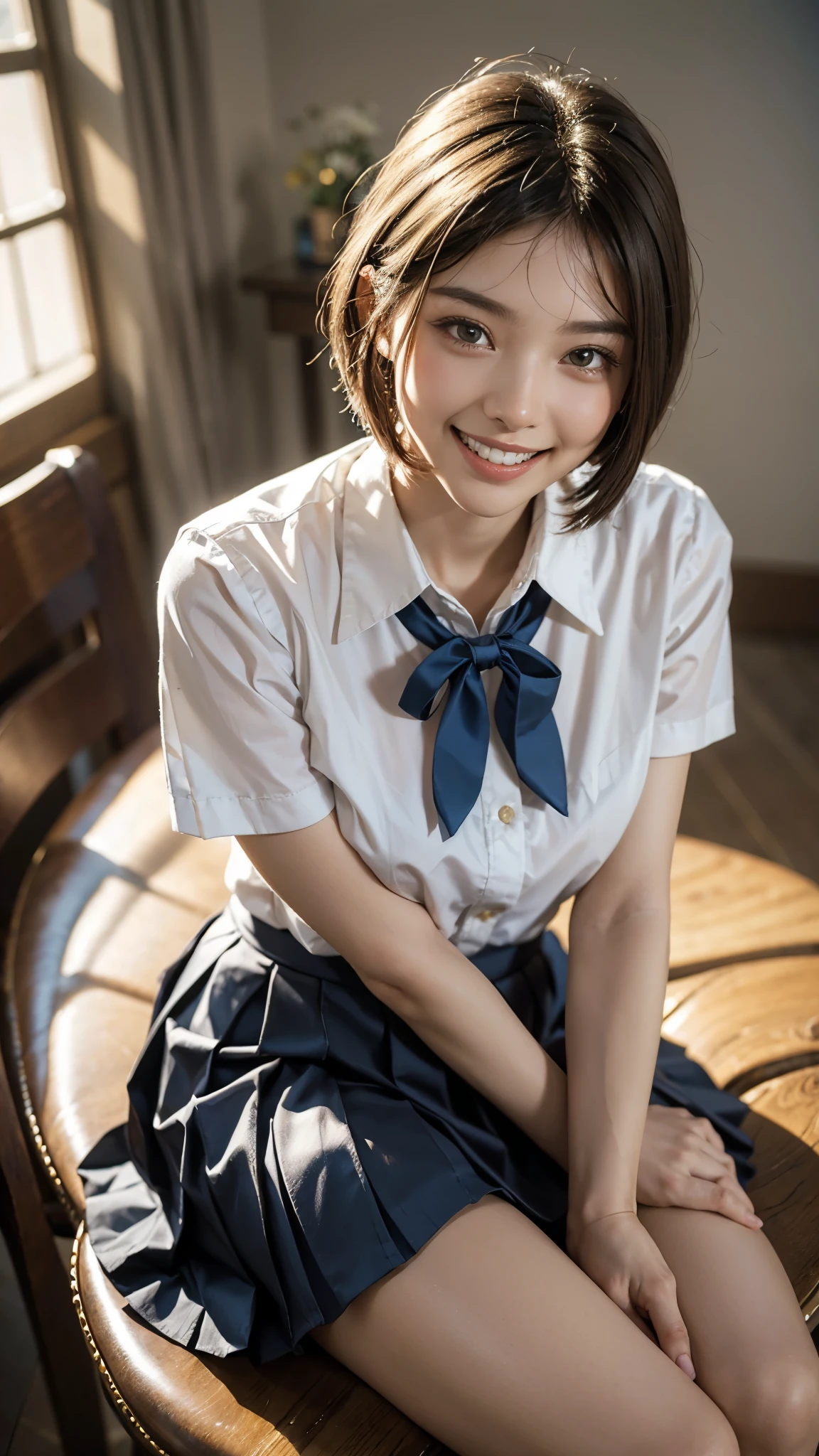 Highest quality, masterpiece, Ultra-high resolution,8k,((Toothy smile portrait:1.4)), (Realistic:1.6), ((Sparkling eyes)),((A radiant smile)), RAW Photos,((High School Simple Uniform,tie)),((Blue check pleated skirt)),((Soft looking breasts)),((Full body photo)),1 person,Slim 22 year old adult female,(Full of smiles, )) ,((Short bangs,Straight Bob Cut)),((Ribbon in hair)),((Looking up at the audience)),Face Focus:1.4,((Shot from above:1.15)),