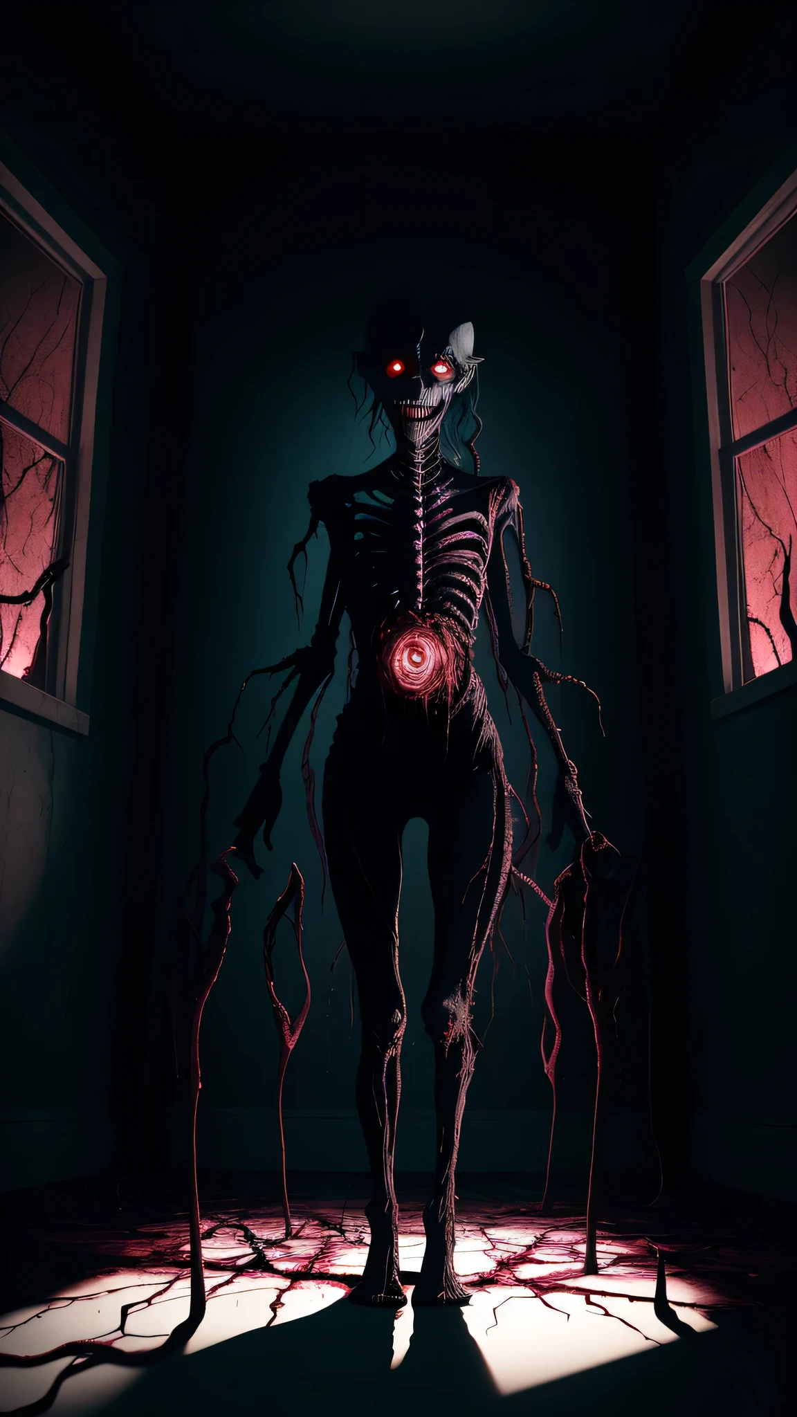 A dimly lit room, shadows dancing on the walls, as the protagonist stands before a cracked mirror. Their reflection, distorted and nightmarish, depicts a merging of flesh and nightmare. Veins writhe beneath the surface, contorting into unnerving shapes that echo the chaos within their mind. In the reflection's eyes, a haunting blend of fear and dissociation. Around the room, whispers of distorted voices intensify, mirroring the internal disarray of schizophrenia. Through this visual narrative, explore the chilling convergence of body horror and psychological turmoil, prompting contemplation on the stable diffusion between the two realms