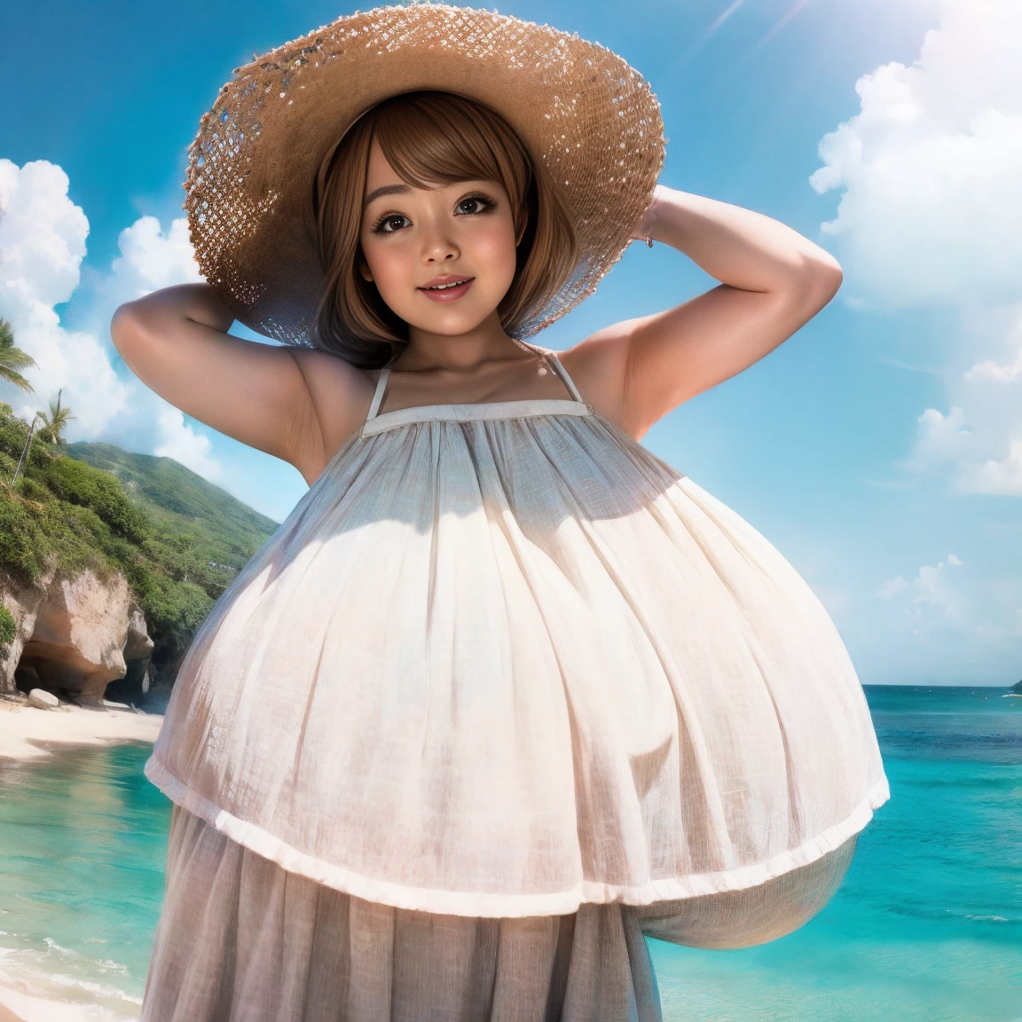 1girl, solo, detailed face, perfect face, perfect eyes, perfect fingers, beach, sundress, hat, arms behind head, windy, happy, huge breasts, hitomi-t