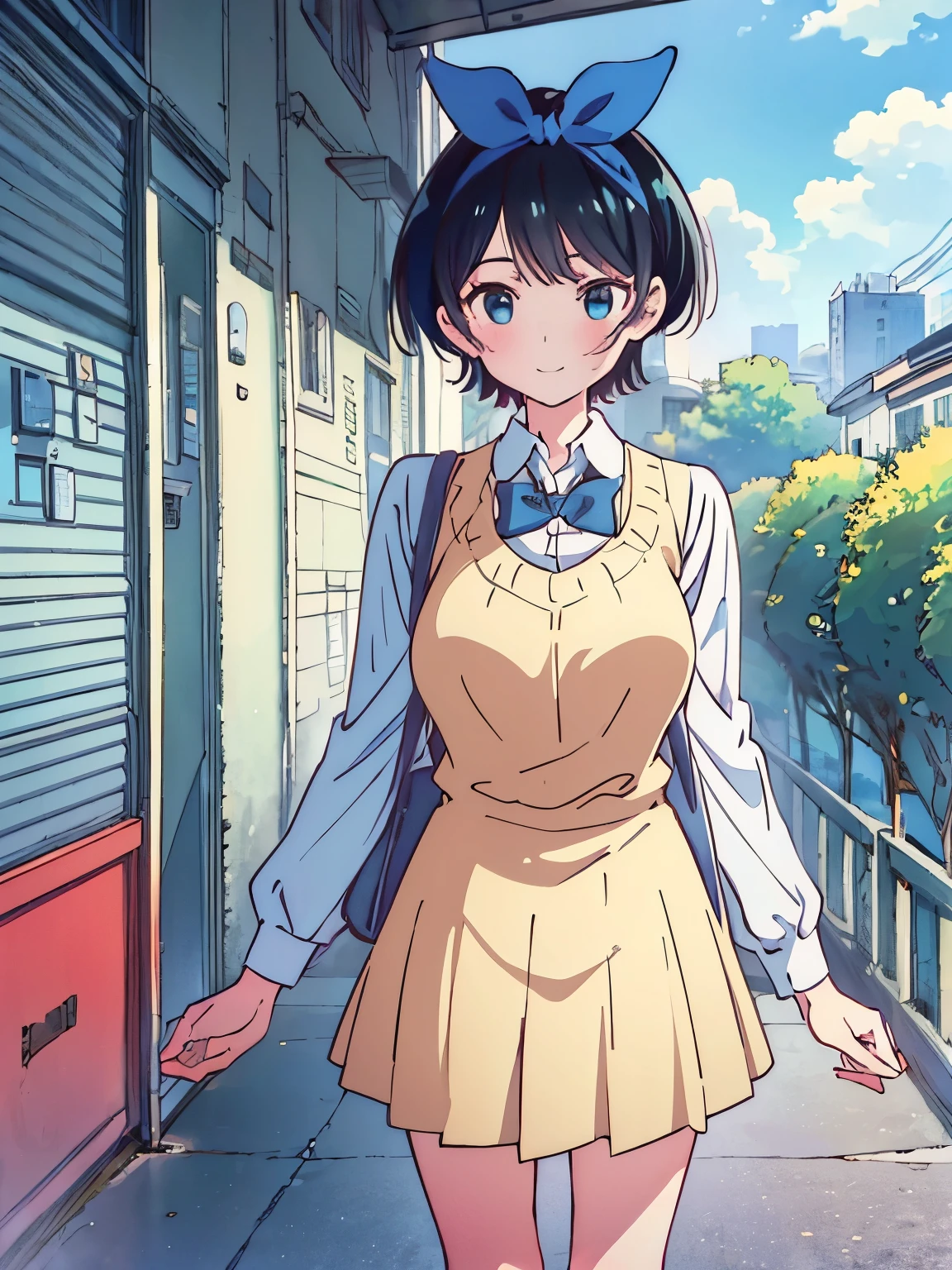 (Best quality:1.5), Highres, Masterpiece, Detailed, Photo, Ultra-detailed digital anime art, clear face depiction, top quality colours, ((nsfw:1.2, masterpiece, best quality, high-res, UHD)), Anime Style, Soft Line Art, Digital Enhancement, beautiful anime girl, beautiful art style, anime character, 1 girl, medium-small size breasts, standing, Smiling, Short Hair, school uniform, cafe afternoon, date in cafe