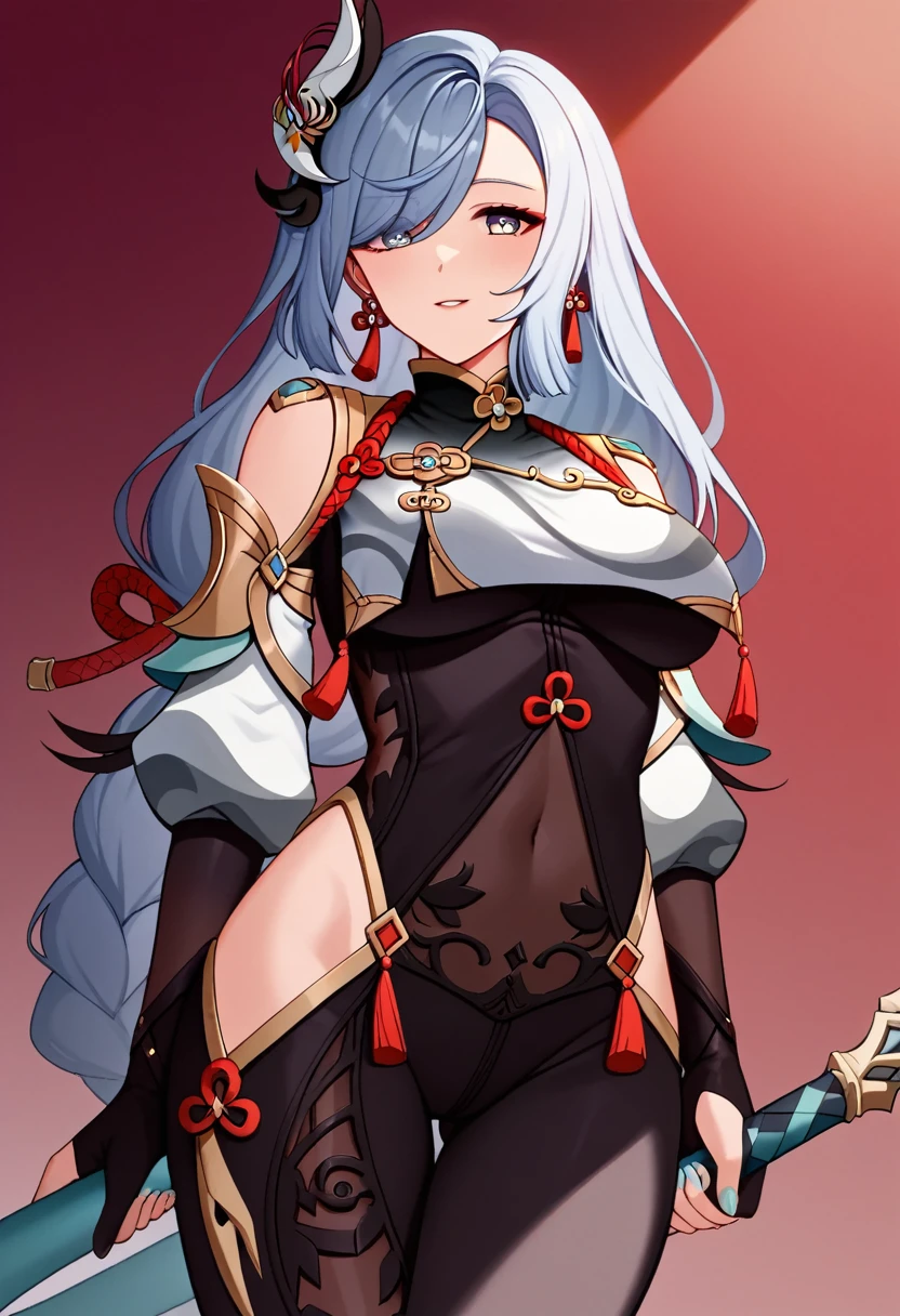 ((masterpiece)),((Highest quality)),Perfect lighting,alone,One Woman,Cowboy Shot, shenhe_\(genshin_impact\), shenhe_\(frostflower_dew\)_\(genshin_impact\), とても大きなchest, chestを隠す, Line in the groin, Bodysuits, chest_curtain,
