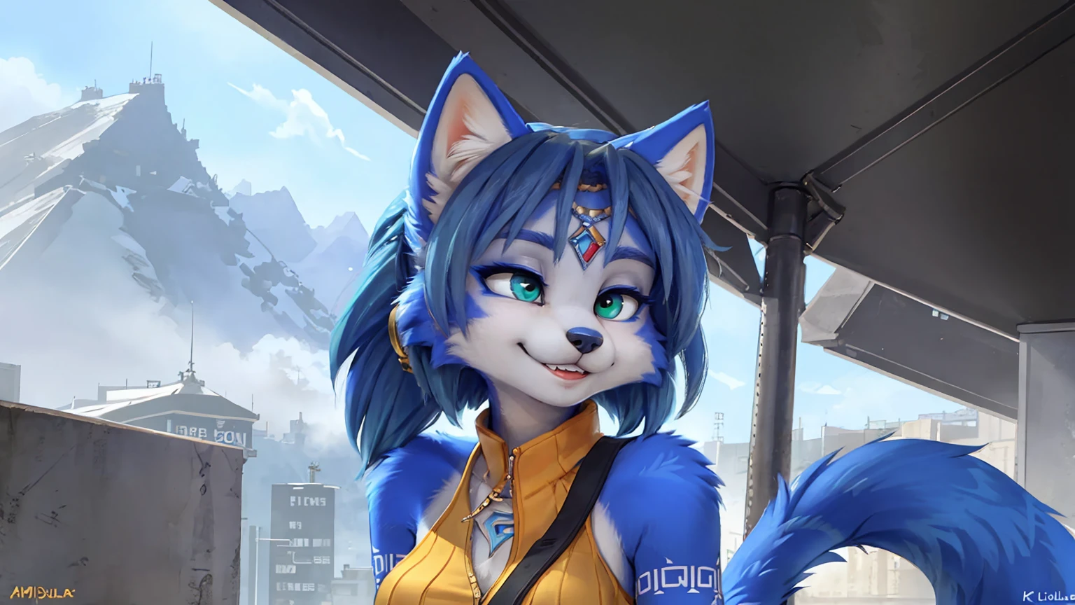 A beautiful and detailed (sweet portrait) wa ((krystal)), Star Fox krystal, sslim, lovable, green eyes, medium breasts, (((Long blue hair 1.3))), Decollete, grin, look up,, anthro, furry, Uploaded E621, detailed fluffy fur, (wa Fluff-Kevlar, Bayard Wu, personalize me, Pino Daeni), detailed face, (fluffy), 1 girl, alone, sweet girl,