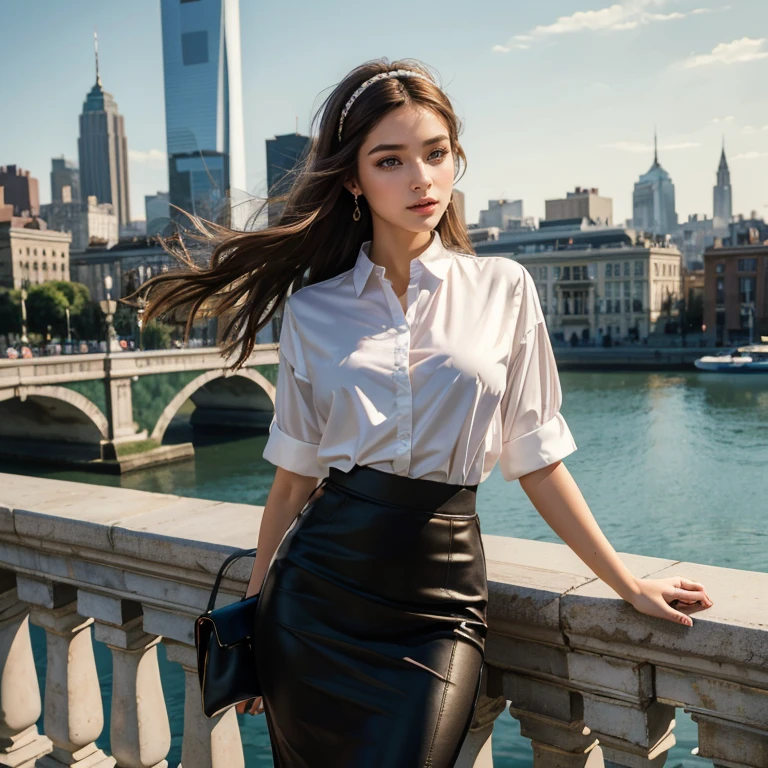 (masterpiece, best quality:1.5), highest quality, High resolution, super detailed, Realists, Bust portrait of a 22-year-old brunette woman, detailed and beautiful eyes, beautiful detailed lips, very detailed eyes and face, longeyelashes, A 22-year-old woman in a shiny open long satin shirt and a pencil skirt, Beautiful and colorful makeup, elegant and noble々Pose, Hairband,, City as background, bright daylight, bright colors, fine brushstrokes, Portrait style, beautiful color palette, glowing skin, First-class rendering, that captures every detail, enchanting atmosphere, (perfect anatomy:1.2), (The stunning woman wears a shirt and a pencil skirt. hand bag. She stands and shows off her figure, (magnificent panorama view:1.2)