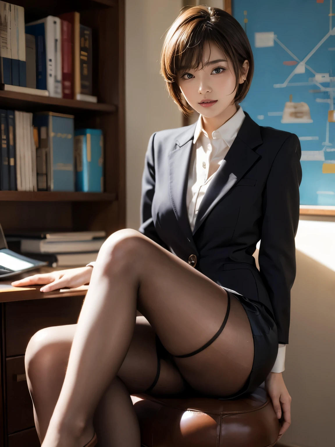 office、Beauty sitting on a chair、short hair、Beautiful legs、High heels、Brown pantyhose、Mini skirt suit