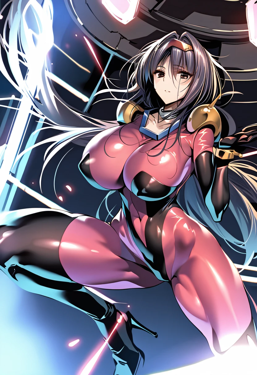 Neck ribbon,Perfect hands, Perfect Fingers,Perfect Anatomy, masterpiece, Highest quality,Anime Style, 16k hdr,One person, Large Breasts,Erect nipples,Blue Hair, Straight Long Hair,Mobile Trace Suit, Shoulder Armor,(Red and blue bodysuit:1.4),Sexy pose, whole body, cockpit,From below,Spread your legs,(Emotionless:1.4,Hollow Eyes:1.2),Metal collar