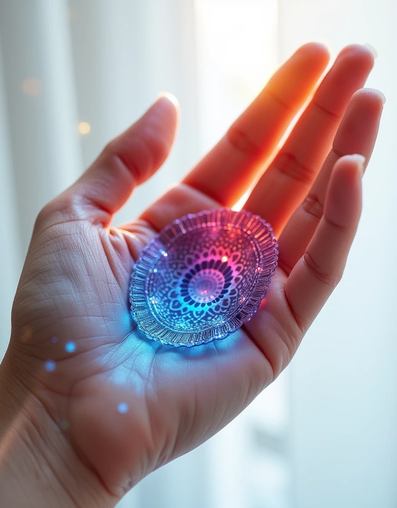 Detailed visualization of a human hand securely grasping a piece of glossy paper. The paper should illuminate vibrant colors and carry an intricate print design. To enhance the glossiness, light reflections or slight shimmer should be perceptible on the surface of the paper. The background should be minimalist, to put more focus on the hand and the brightly colored piece of paper.