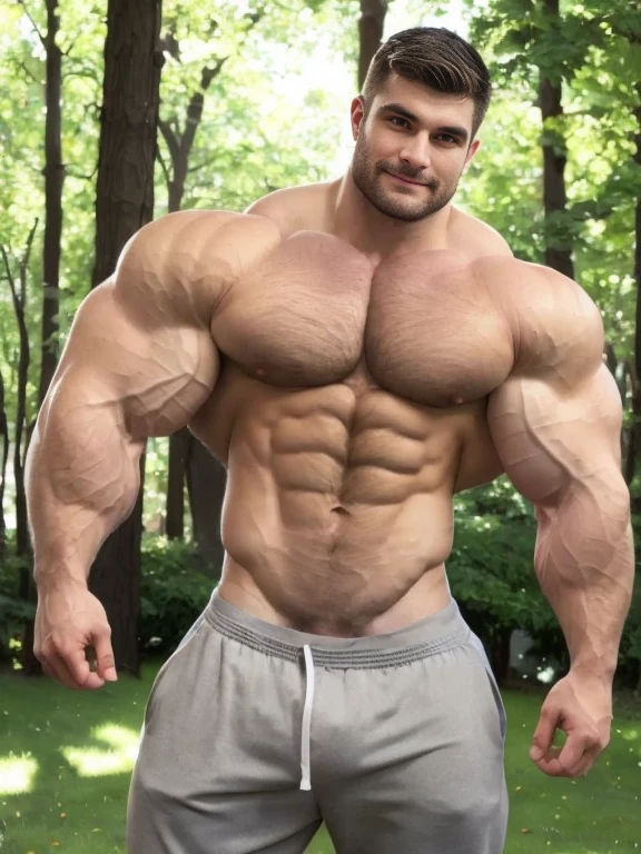 realistic, park, young, sunny day, brunette haired male figure with well-defined, hyper-realistic musculature (muscle definition:1.4). Chest and abdominal muscles appear toned and chiseled, with visible fibers and striations (chest muscles:1.6). Skin has a lifelike, organic texture with subtle imperfections (skin realism:1.5)., rippling chest, short shorts, Clark, Niklas