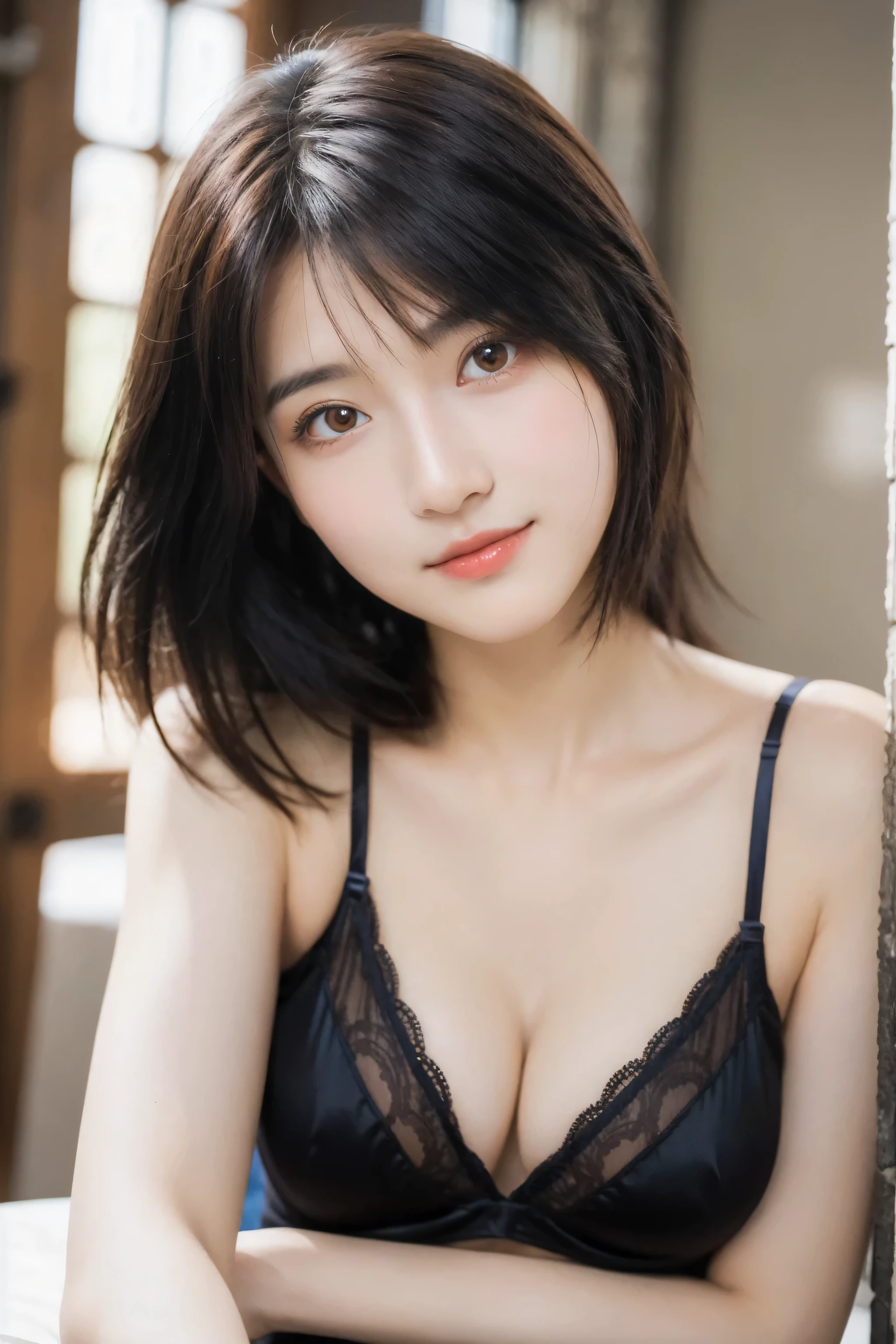 (8k, RAW Photo, Best Quality, Masterpiece:1.2), table top, Ultra Detail, Super Resolution, (Realistic, Realistic Photo:1.37), Portrait, High Detail RAW Color Photo, Professional Photo, Extremely Detailed and Beautiful, Extremely detailed, 8k wallpaper, amazing and detailed, huge file size, official art, highly detailed CG unity 8k wallpaper, highly detailed beautiful girl, highly detailed face, highly detailed eyes, highly detailed skin, highly detailed fingers, highly detailed nose, very detailed detailed mouth , perfect anatomy, highly detailed background, highly detailed clothes, 1girl, ,cute girl, realistic body, fair skin, glowing skin , slim body, handsome body, black hair , short hair, (blunt bangs:1.2), smile, cute, youthful, cute face, realistic face, delicate eyes, drooping eyes, looking at viewer, facing front, standing posture, Contraposto, dynamic lighting, ((face closeup)), (medium chest), (Perfect Body Proportions), (slender Body Proportions), (bedroom), super pose, ((lingerie)),