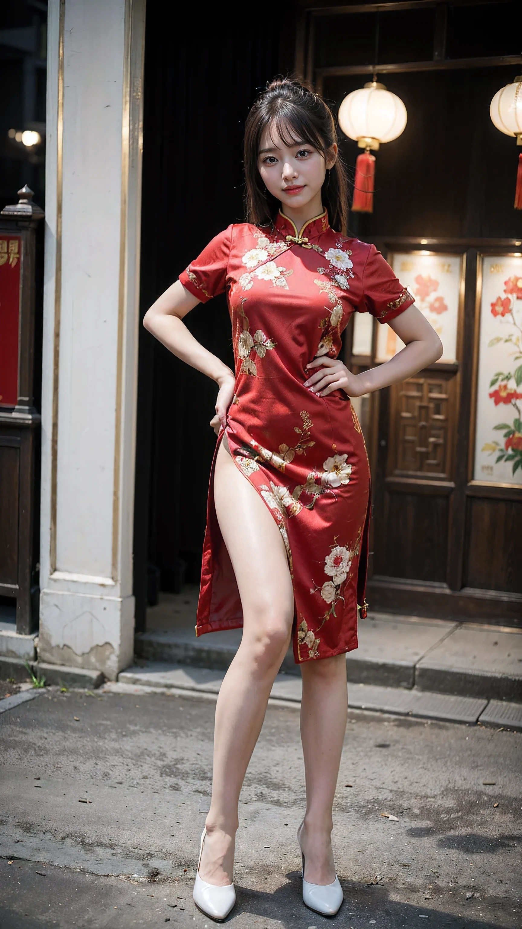 (8k、RAW Photos、Highest quality、masterpiece:1.2)、(Realistic、Realistic)、1 、((China dress:1.2、Thin legs、whole body、View from the front、smile、Looking into the camera、Stand with hands on hips))、cute、Leg fetish erection images