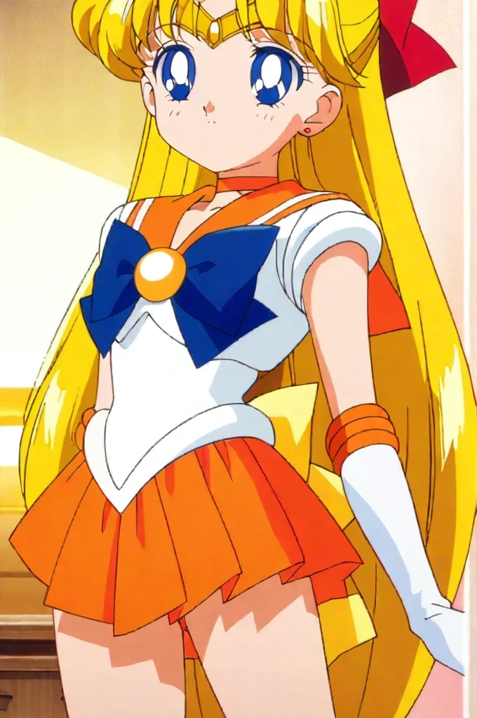 score_9, score_8_up, score_7_up, score_6_up, score_5_up, score_4_up, source_anime, (masterpiece:1.3),(highest quality:1.4),(Super detailed:1.5),8k,High resolution,an extremely delicate and beautiful,Official Art,Perfect Anatomy,(anime_screencap:1.11),(90s anime,90s anime style,Cel-shaded anime:1.47),anime coloring,(1girl:1.5), ((:1.52)),
((aavenus:1.52)), long hair, blonde hair, hair bow, tiara, earrings, blue eyes, orange choker, orange sailor collar, blue bow, white shirt, elbow gloves, white gloves, pleated skirt, orange skirt, bare legs,