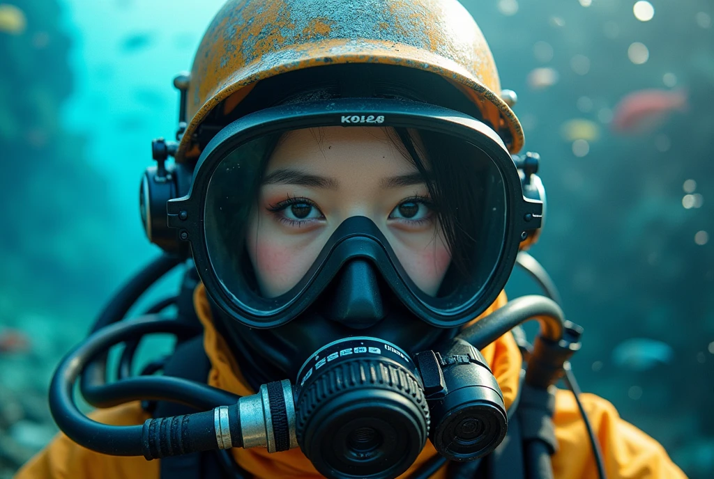 ultra-realistic, photorealistic, 20 years old Japanese famous idol girl, very beautiful Japanese but commercial diver, full-makeup, She works in undersea steel construction, masterpiece, (face focus:1.3), beautiful eyes, (wearing commercial diving suits with scuba equipment), (fully equipped for scuba diving:1.3), (putting on a full face scuba mask:1.5), (putting scuba breathe mask on the mouth:1.5), large breasts