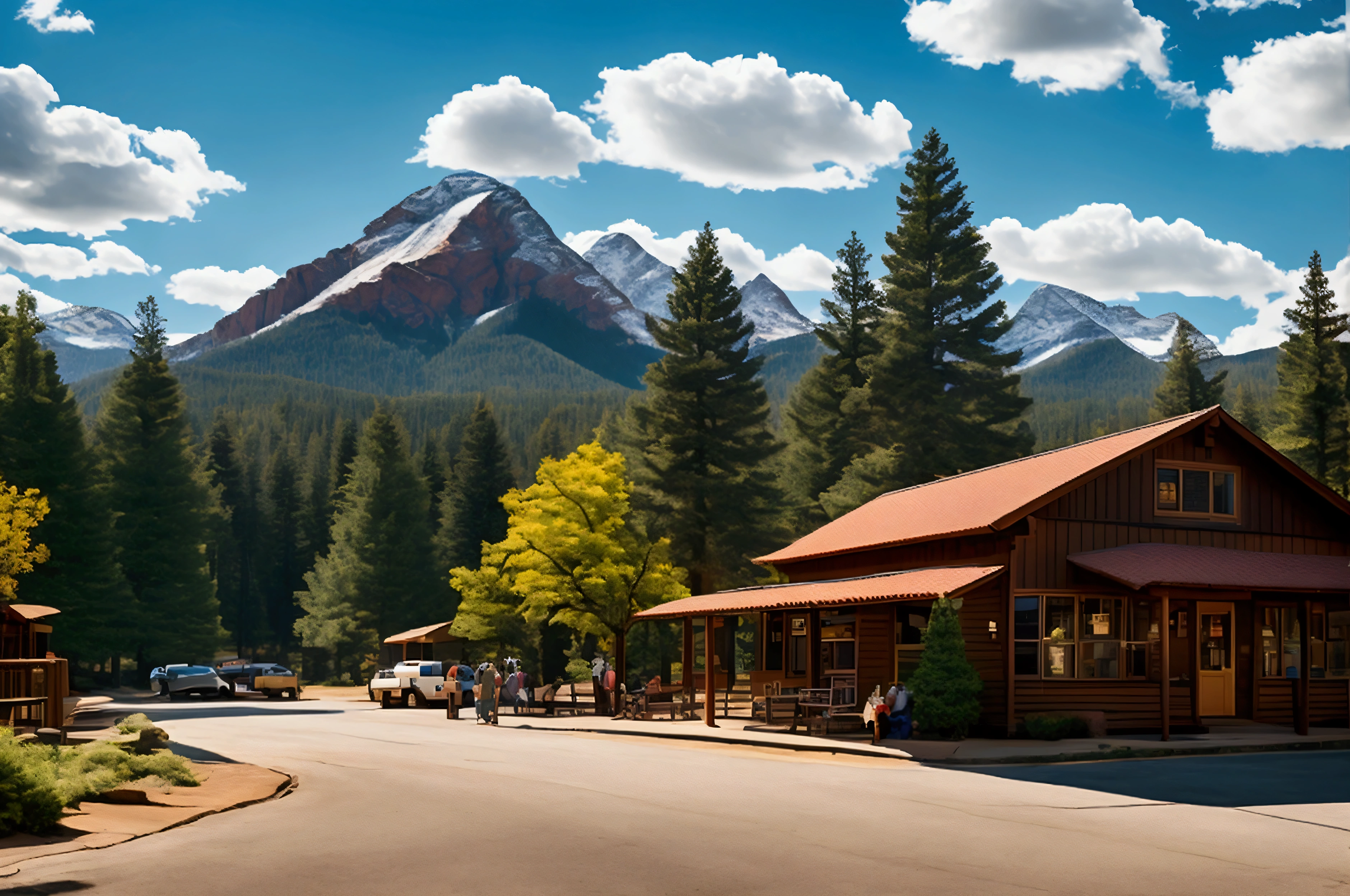 Create a retro-style travel poster. The poster should feature a scenic landscape with Ponderosa pine trees, a small-town main street with historic buildings, and a backdrop of mountains. Include people enjoying outdoor activities like hiking or picnicking. The overall color palette should include warm, inviting tones with a vintage feel. Camera and Settings: Use a Canon EOS 5D Mark IV with a 24-70mm f/2.8 lens. Settings: ISO 100, aperture f/8, and shutter speed 1/125s to capture a sharp, vibrant image with a wide depth of field. The poster should have a slight grain effect to enhance the retro aesthetic.