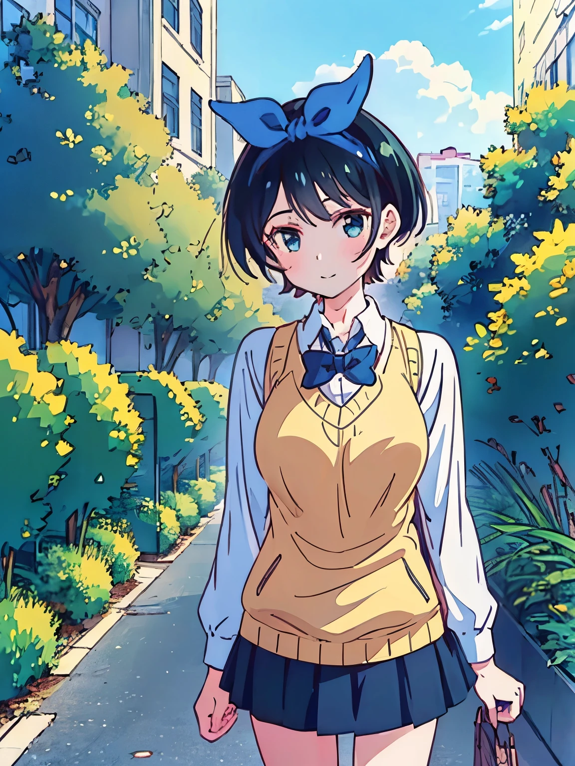 (Best quality:1.5), Highres, Masterpiece, Detailed, Photo, Ultra-detailed digital anime art, clear face depiction, top quality colours, ((nsfw:1.2, masterpiece, best quality, high-res, UHD)), Anime Style, Soft Line Art, Digital Enhancement, beautiful anime girl, beautiful art style, anime character, 1 girl, medium-small size breasts, standing, Smiling, Short Hair, school uniform, cafe afternoon, date in cafe