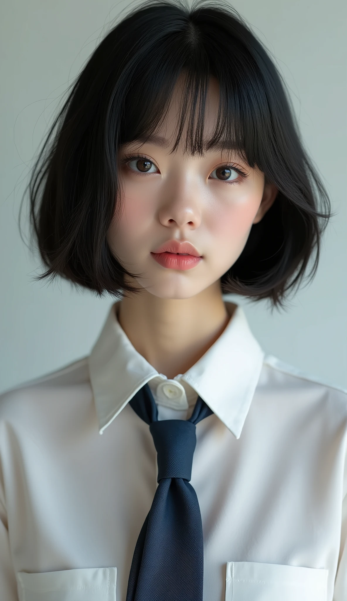 Neat、Half Korean and half Russian beautiful woman、I am a 1。Black Hair、Medium straight bob cut hairstyle、Beautiful small face with short eyelashes、Boyish eyes、High nose、Deep blue eyes、Very thin upper lip、Milky skin、Accurate and attractive body shape、Beautiful bust、Waist、Hip、Thighs、knees、foot、tie、White collared shirt、uniform。Real Stick、Masterpiece、Highest quality