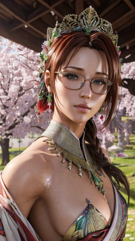 portrait, Close-up, upper body. looks at me. The cherry tree is blooming in the garden.. Short, Red hair, green eyes, green kimono, smile, vulgar girl , metal frame glasses. (masterpiece, top quality, Best quality, official art, beautiful and aesthetically pleasing:1.2), extremely detailed,(fractal art:1.2),colorful,The most detailed, (dynamic pose), (Many colors:1.4). ((split. skin texture, Shiny skin. elegance. photorealism. unreal engine. 3D model. Ultra high quality textures. high detail. permission 8k))