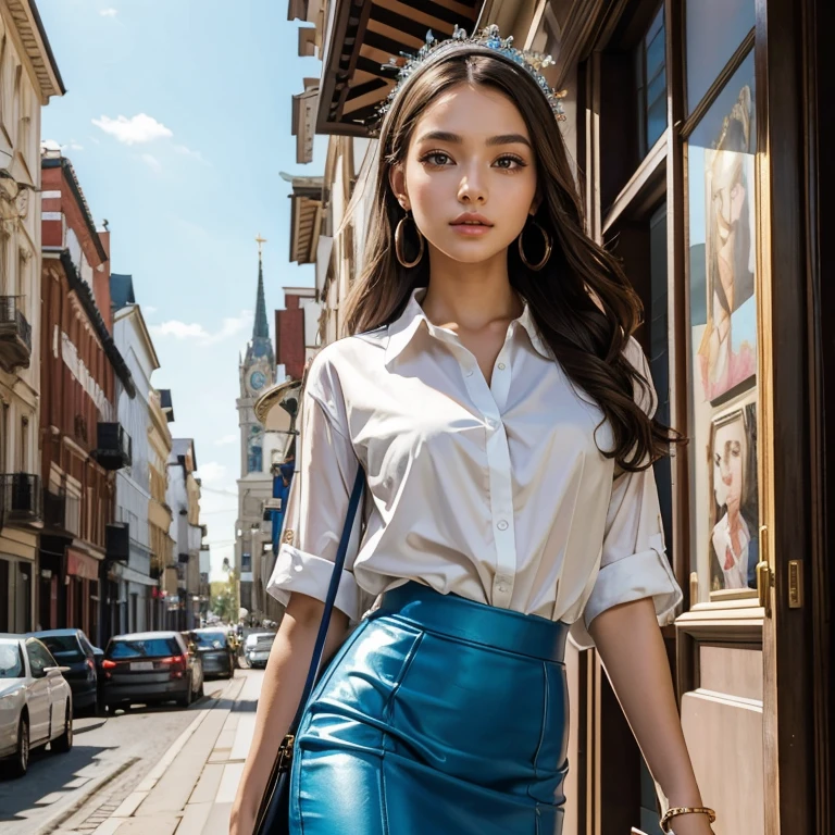 (​masterpiece, best quality:1.5), highest quality, High resolution, super detailed, Realists, Bust portrait of a 22-year-old brunette woman, detailed and beautiful eyes, beautiful detailed lips, very detailed eyes and face, longeyelashes, A 22-year-old woman in a shiny open long satin shirt and a pencil skirt, Beautiful and colorful makeup, elegant and noble々Pose, Hairband,, City as background, bright daylight, bright colors, fine brushstrokes, Portrait style, beautiful color palette, glowing skin, First-class rendering, that captures every detail, enchanting atmosphere, (perfect anatomy:1.2), (The stunning woman wears a shirt and a pencil skirt. hand bag. She stands and shows off her figure,  (magnificent panorama view:1.2)