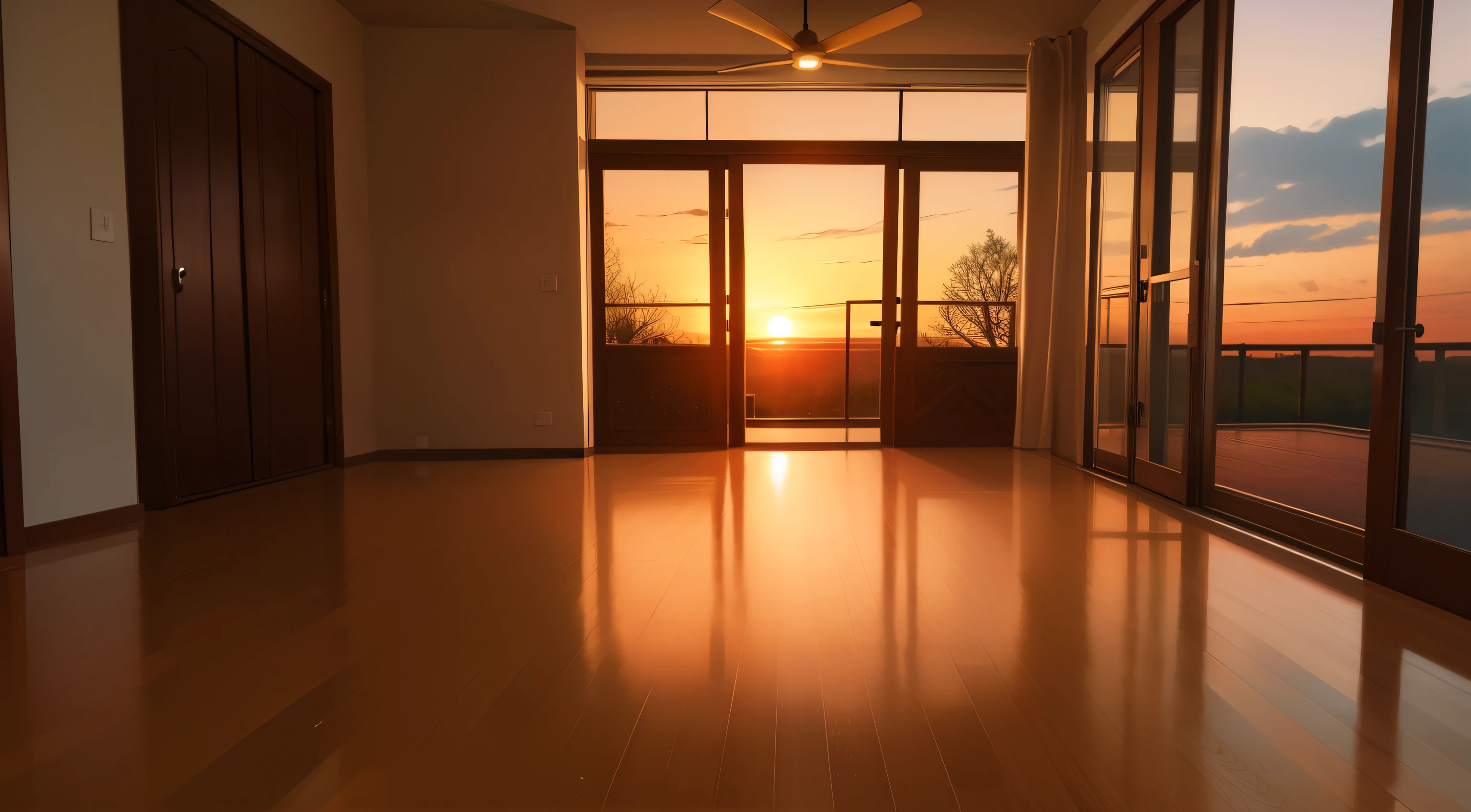 corner of living room, sunset, floor view