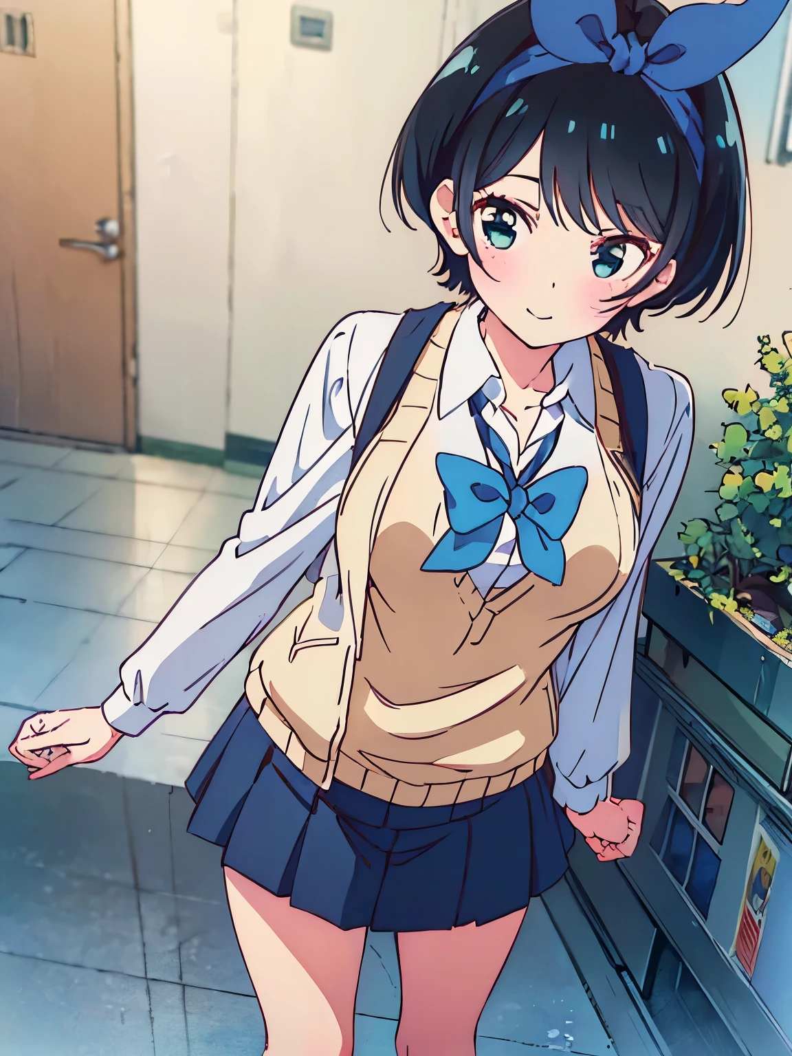 (Best quality:1.5), Highres, Masterpiece, Detailed, Photo, Ultra-detailed digital anime art, clear face depiction, top quality colours, ((nsfw:1.4, masterpiece, best quality, high-res, UHD)), Anime Style, Soft Line Art, Digital Enhancement, beautiful anime girl, beautiful art style, anime character, 1 girl, medium-small size breasts, standing, Smiling, Short Hair, school uniform, cafe afternoon, date in cafe