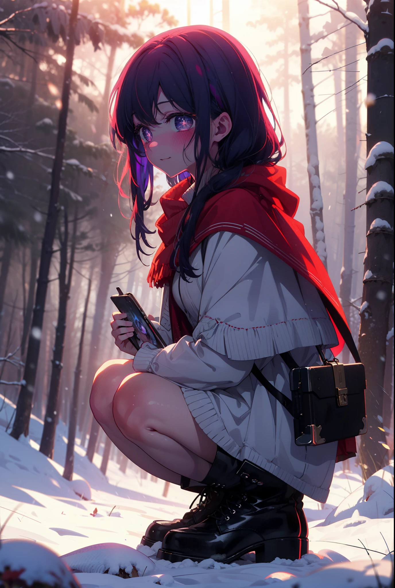 aihoshino, Ai Hoshino, Long Hair, bangs, (Purple eyes:1.1), Purple Hair, (Symbol-shaped pupil:1.5), smile,,smile,blush,white breath,
Open your mouth,snow,Ground bonfire, Outdoor, boots, snowing, From the side, wood, suitcase, Cape, Blurred, , forest, White handbag, nature, Squat, Mouth closed, Cape, winter, Written boundary depth, Black shoes, red Cape break looking at viewer, Upper Body, whole body, break Outdoor, forest, nature, break (masterpiece:1.2), Highest quality, High resolution, unity 8k wallpaper, (shape:0.8), (Beautiful and beautiful eyes:1.6), Highly detailed face, Perfect lighting, Highly detailed CG, (Perfect hands, Perfect Anatomy),
