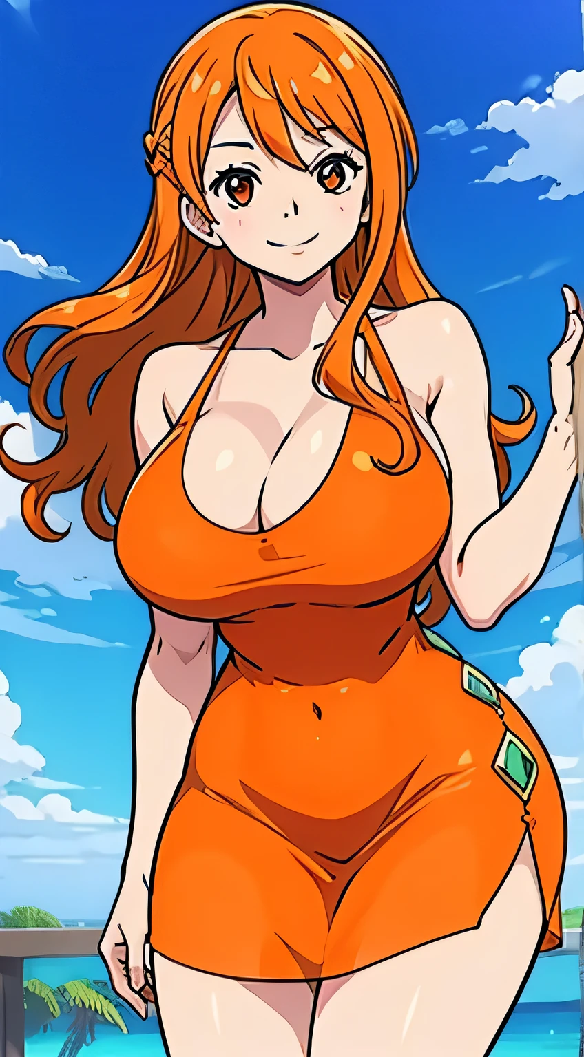 Cocktail dress, body fit see through,curvy athletic body, nami, orange long hair, brown eyes, looking at viewer, shy, smiling