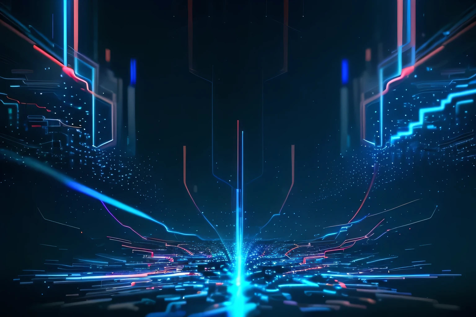 Close-up of an abstract background with blue and red colors.,with lines, Glowing thin blue line, glowing lines, optical fiber, neon glowing lines, Glowing particles, Particle Light, particle waves, optical fiber, particle sim, optical fiber network, Luminous wires, Smooth lines, glowing thin wires, Flying particles, particle sim, thin Luminous wires