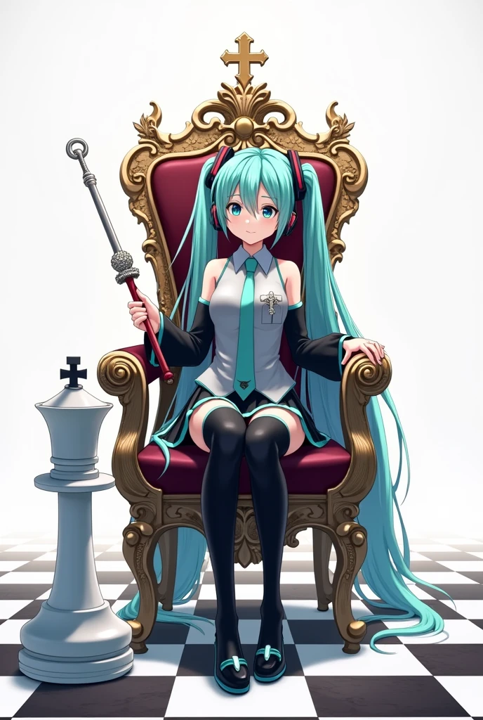 Japanese anime, anime art, anime style, detailed drawing, white background, high definition, high quality, high resolution, chessboard (floor), white king (chess), crown, sceptre, throne, one girl, solo, Miku Hatsune, aqua hair, twintails, head ornament (black / red line), headphones, 01 (red number tattoo on her left hand), grey shirt, collared shirt, sleveless shirt, black sleeves (aqua line), detached sleeves, aqua necktie, aqua nails, black skirt (aqua line), pleated skirt, mini skirt, zettai ryouiki, thigh boots, black thigh-high (aqua line), Hatsune Miku wearing a crown and holding a long spectre; she sits on the throne; the throne is set on a chessboard. Add one white king chess (add cross on it) beside her.