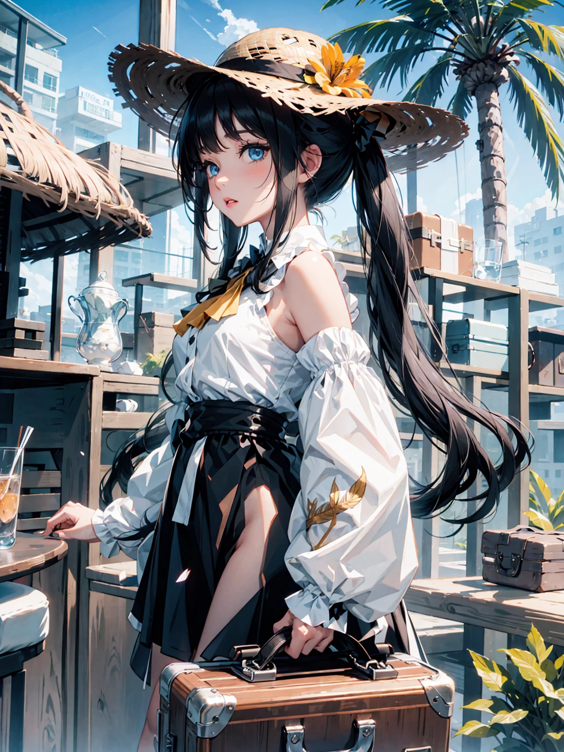1girl, solo, long hair,(Twin tails:1.3), looking at viewer, blush, bangs,(Tying a jacket around the body.:1.2), (blue eyes:1.4), (black hair:1.3), long sleeves, hat, dress, ribbon, (bare shoulders:1.2), very long hair, white shirt, flower, outdoors, (parted lips:1.1), (detached sleeves:1.2), sky, day, cloud, black dress, tree, petals, (palm tree:1.3), straw hat, hat flower, suitcase,