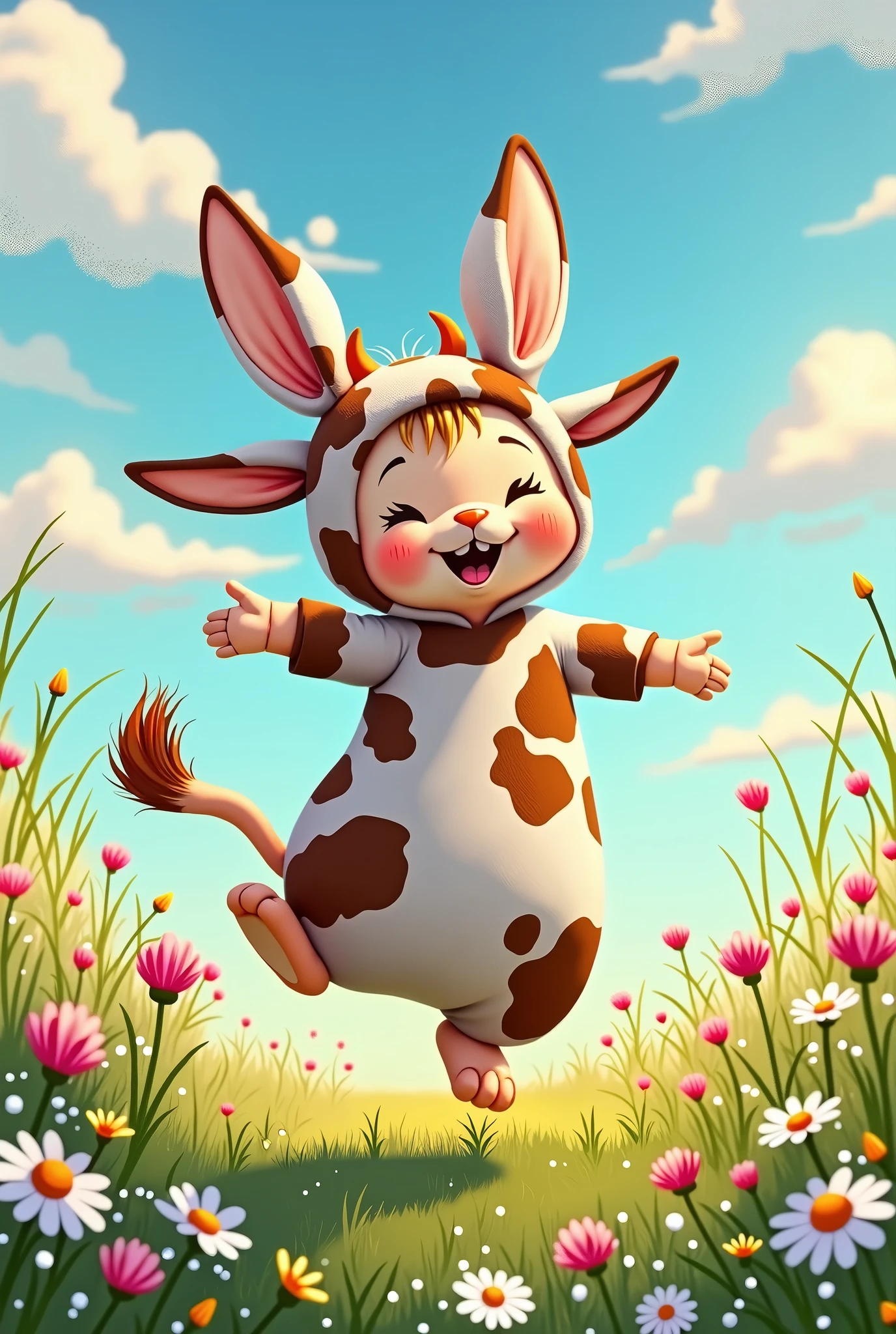 A rabbit dances in a cow costume