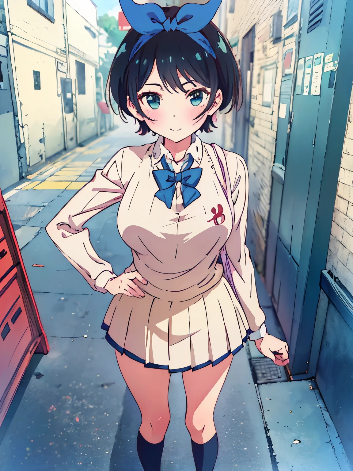 (Best quality:1.5), Highres, Masterpiece, Detailed, Photo, Ultra-detailed digital anime art, clear face depiction, top quality colours, ((nsfw:1.4, masterpiece, best quality, high-res, UHD)), Anime Style, Soft Line Art, Digital Enhancement, beautiful anime girl, beautiful art style, anime character, 1 girl, medium-small size breasts, standing, Smiling, Short Hair, school uniform, cafe afternoon, date in cafe