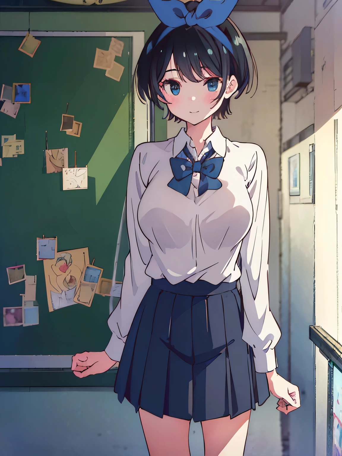 (Best quality:1.5), Highres, Masterpiece, Detailed, Photo, Ultra-detailed digital anime art, clear face depiction, top quality colours, ((nsfw:1.4, masterpiece, best quality, high-res, UHD)), Anime Style, Soft Line Art, Digital Enhancement, beautiful anime girl, beautiful art style, anime character, 1 girl, medium-small size breasts, standing, Smiling, Short Hair, school uniform, cafe afternoon, date in cafe