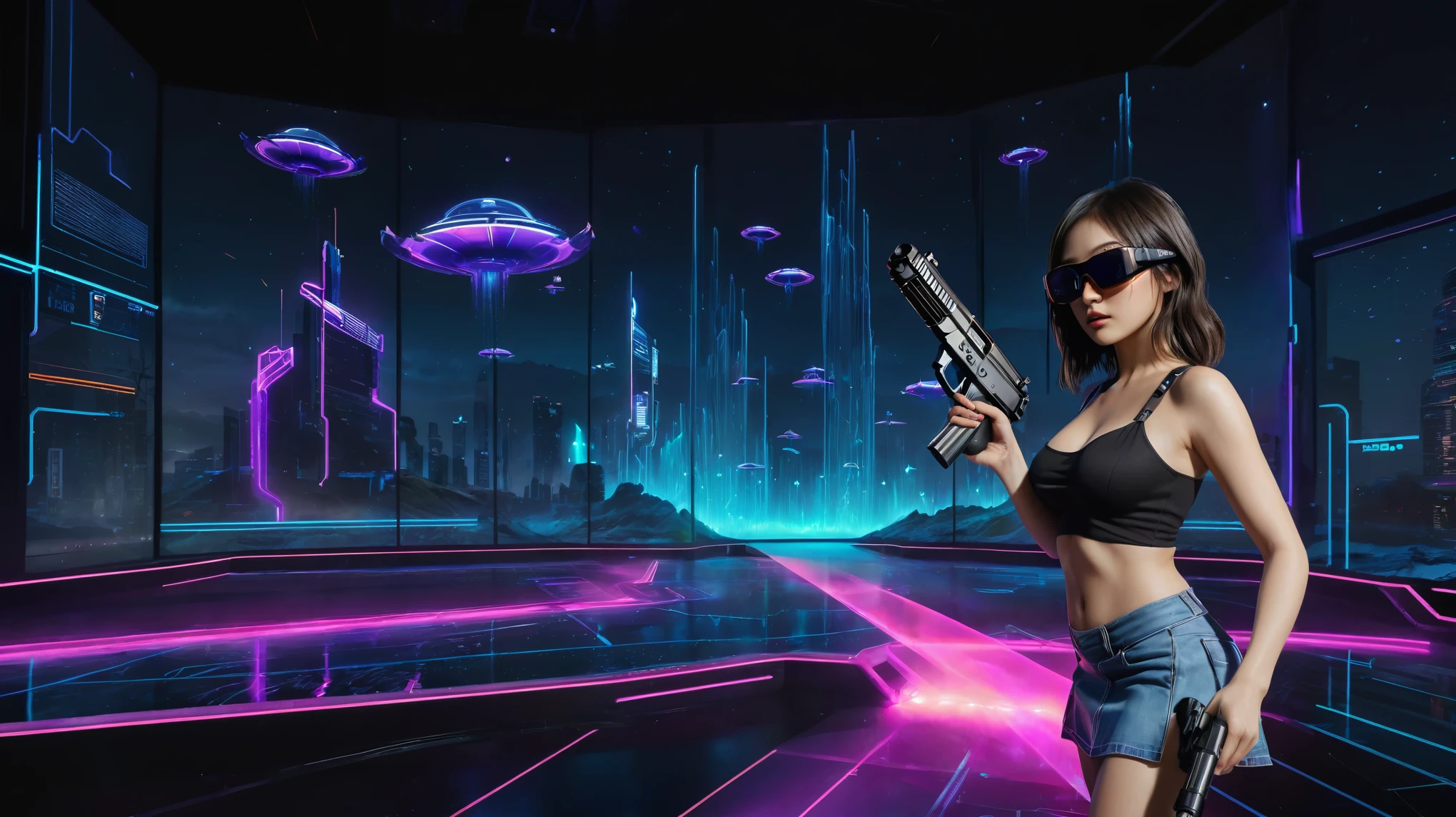 A futuristic sci-fi virtual battle field of war game, shooting range with moving targets, flying vehicle, neon waterfalls. High-resolution OLED GUI interfaces in the building, The windows are filled with transparent data visualization infographics that show it all, from weather patterns to traffic flow, Matrix cascading code. Colors are saturated and vibrant. At night, (1girl, solo), photo realistic, medium-breast:1.3 slim body, cleavage, sling top, miniskirt, (mini VR sunglasses, holding a short gun), half-body thigh level medium shot, cinematic lighting, ray tracing.