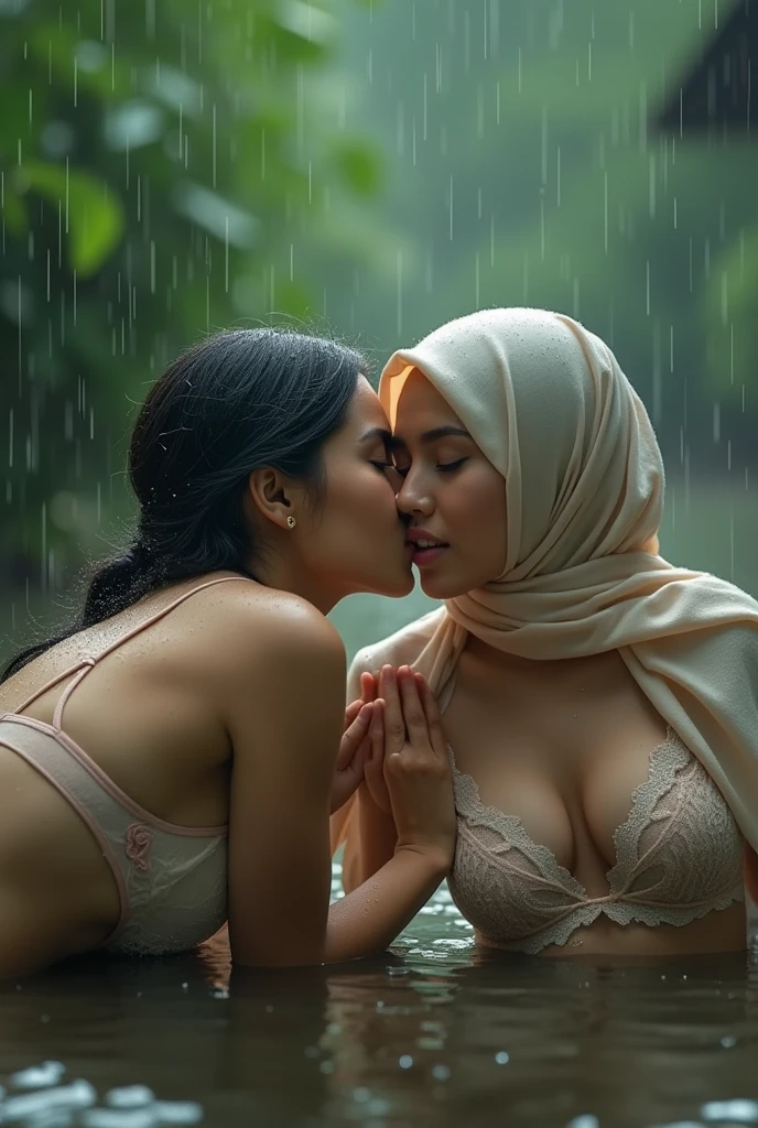 beautiful hijab indonesian lesbian girl laying down,bra and panties,hugging,french kiss,lesbian sex,view from far,,raining,front view ,medium breast,embracing