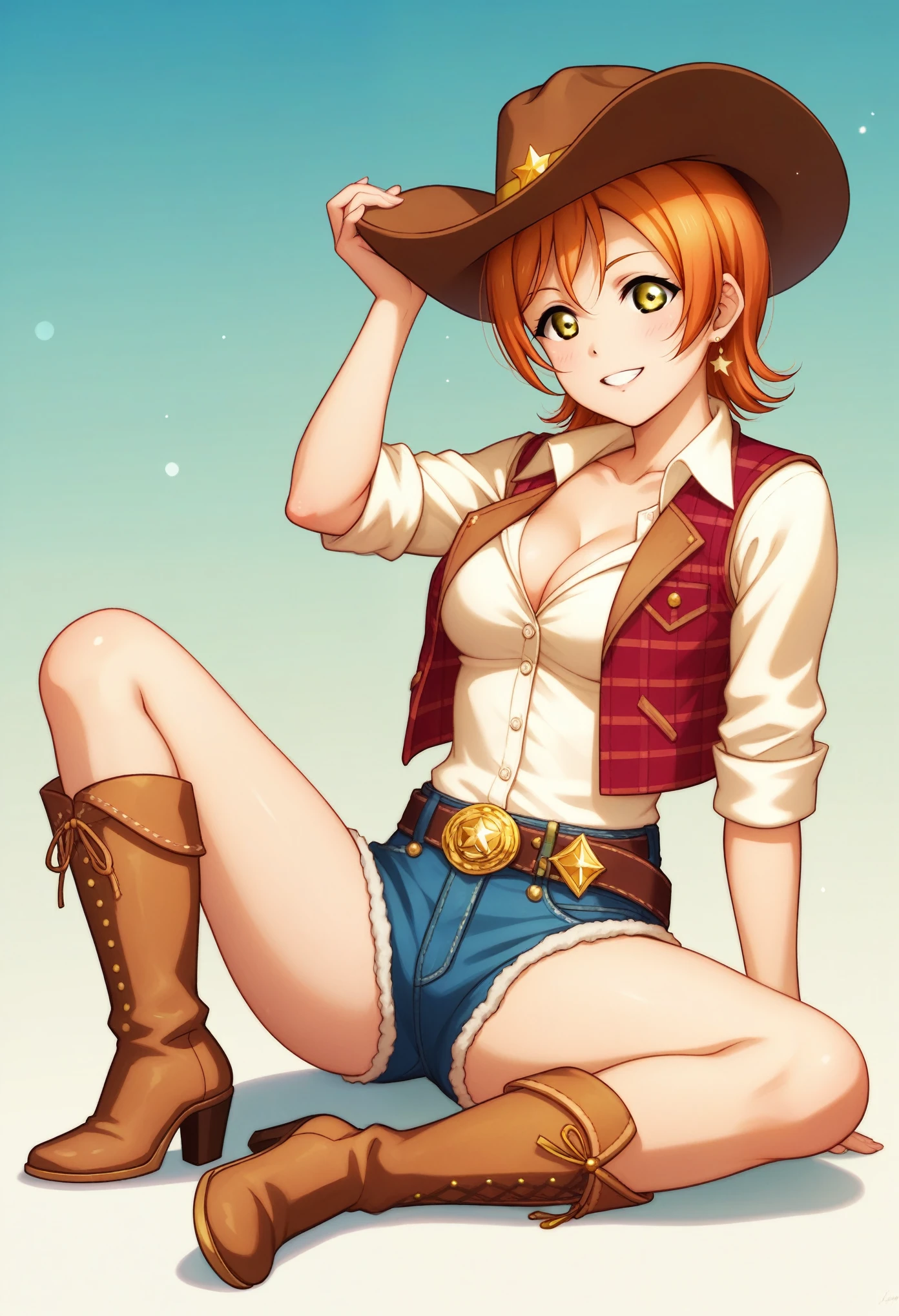 Hentai anime style, Hoshizora rin love live , orange hair, yellow eyes,dressed in traditional cowboy attire, sitting , cleavage, sunlit background, wears a wide-brimmed cowboy hat adorned with a decorative band ,leather cowboy boots ,Her outfit includes a plaid shirt with rolled-up sleeves, a classic denim vest, and a leather belt , golden hour light, casting a soft glow on her and highlighting the textures of her clothing and surroundings