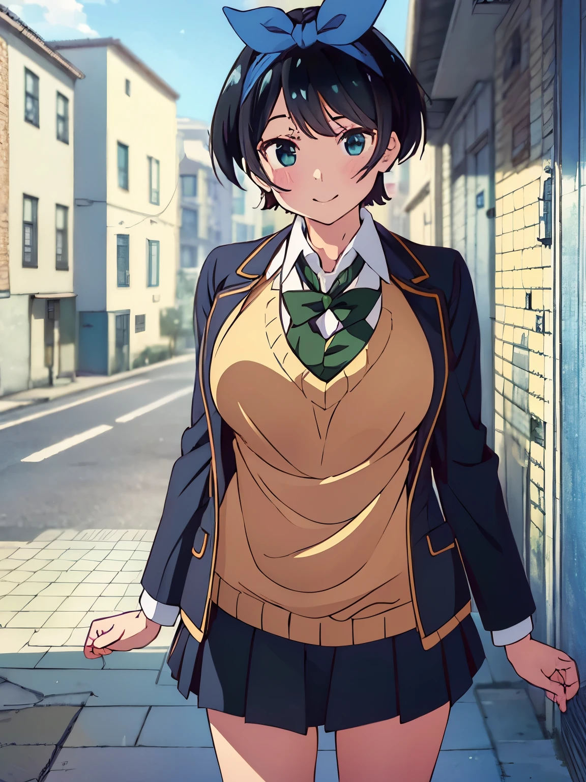(Best quality:1.5), Highres, Masterpiece, Detailed, Photo, Ultra-detailed digital anime art, clear face depiction, top quality colours, ((nsfw:1.4, masterpiece, best quality, high-res, UHD)), Anime Style, Soft Line Art, Digital Enhancement, beautiful anime girl, beautiful art style, anime character, 1 girl, medium size breasts, standing, Smiling, Short Hair, school uniform, cafe afternoon, date in cafe