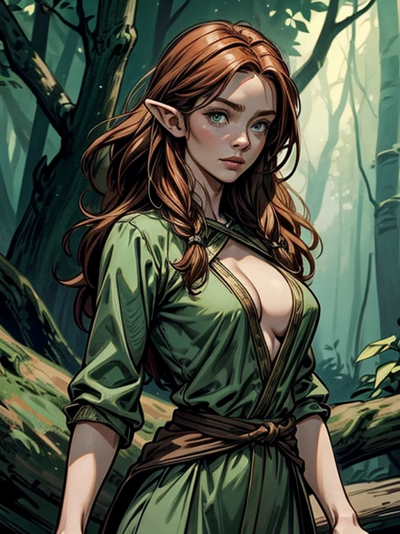 Tauriel, the woodland elf from The Hobbit movie, best quality, ultra-detailed CG unity 8k wallpaper, floating, high resolution, dynamic pose, beautiful face, pale white skin, dark red hair, braided, (green eyes:1.2, dark green tunic, brown sleeves, tight grey pant), depth of field, white forest, golden leaves, magic light), slim body, deep cleavage, tight bust, looking at viewer