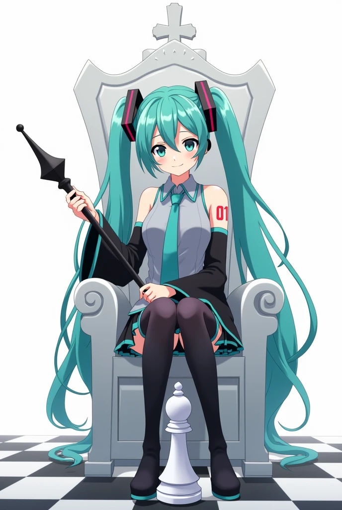 Japanese anime, anime art, anime style, detailed drawing, white background, high definition, high quality, high resolution, chessboard (floor), white king (chess), crown, sceptre, throne, one girl, solo, Miku Hatsune, aqua hair, twintails, head ornament (black / red line), headphones, 01 (red number tattoo on her left hand), grey shirt, collared shirt, sleveless shirt, black sleeves (aqua line), detached sleeves, aqua necktie, aqua nails, black skirt (aqua line), pleated skirt, mini skirt, zettai ryouiki, thigh boots, black thigh-high (aqua line), Hatsune Miku wearing a crown and holding a long spectre; she sits on the throne; the throne is set on a chessboard. Add one white king chess (add cross on it) beside her.