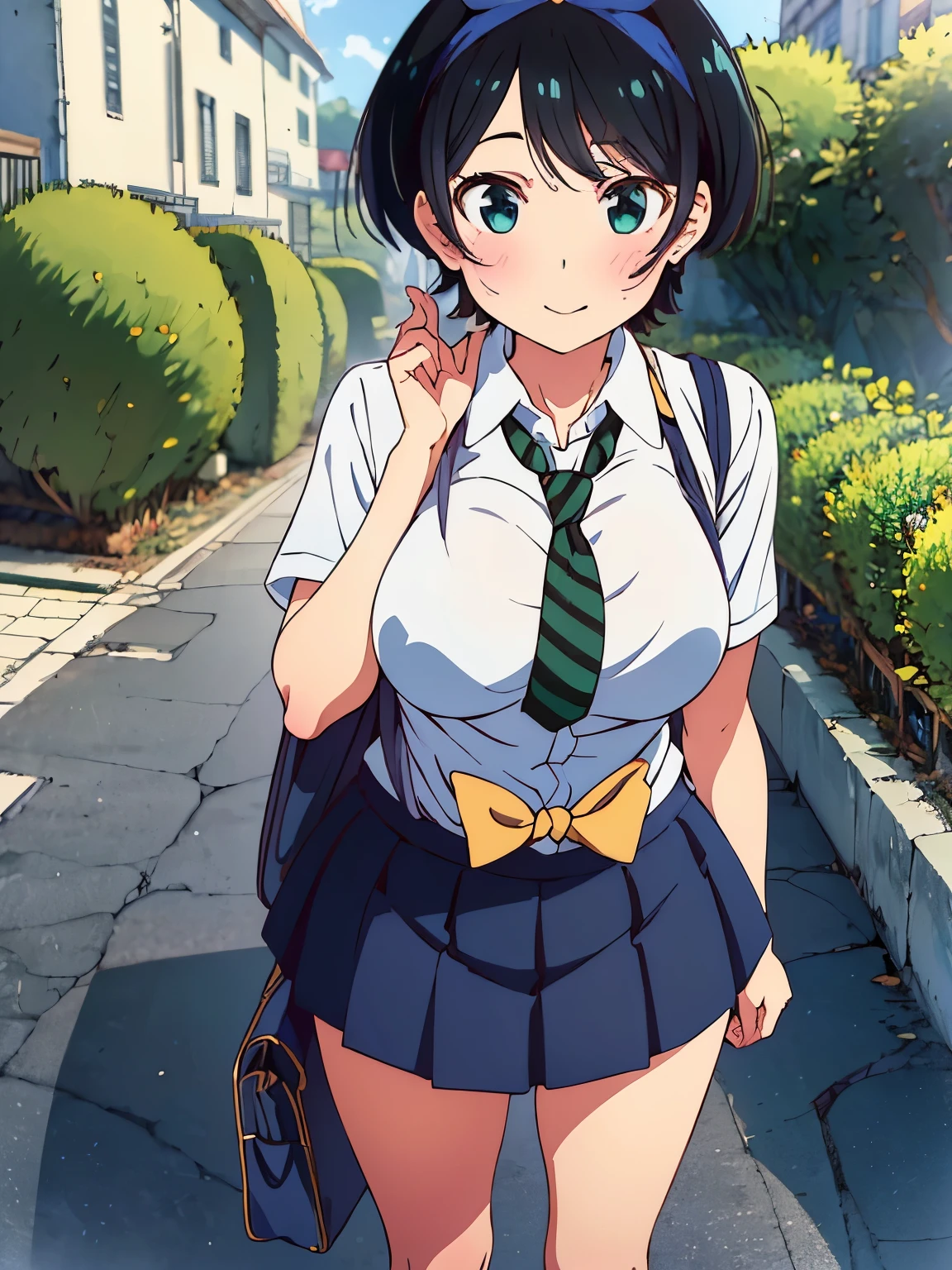 (Best quality:1.5), Highres, Masterpiece, Detailed, Photo, Ultra-detailed digital anime art, clear face depiction, top quality colours, ((nsfw:1.4, masterpiece, best quality, high-res, UHD)), Anime Style, Soft Line Art, Digital Enhancement, beautiful anime girl, beautiful art style, anime character, 1 girl, medium size breasts, standing, Smiling, Short Hair, school uniform, cafe afternoon, date in cafe