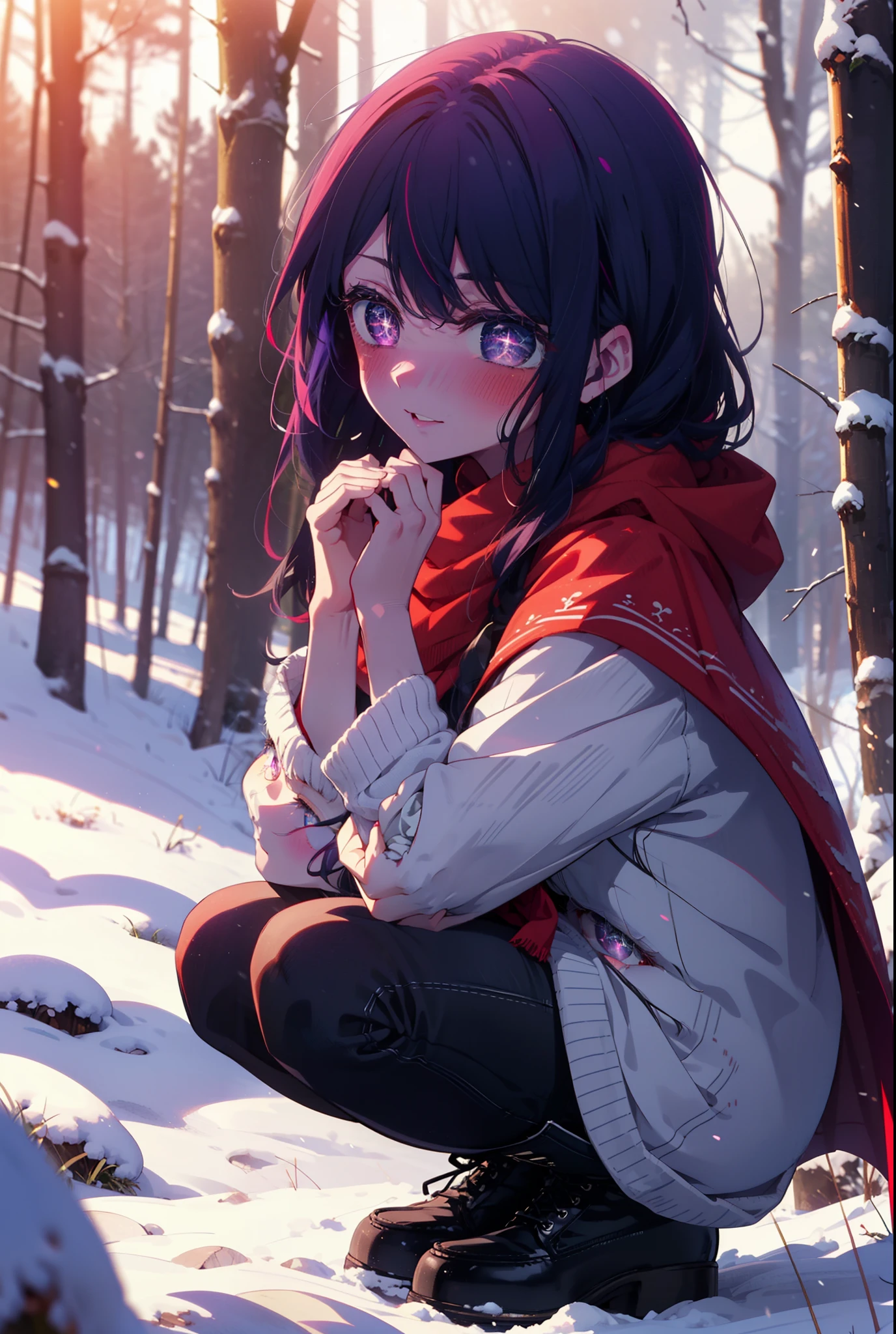 aihoshino, Ai Hoshino, Long Hair, bangs, (Purple eyes:1.1), Purple Hair, (Symbol-shaped pupil:1.5), smile,,smile,blush,white breath,
Open your mouth,snow,Ground bonfire, Outdoor, boots, snowing, From the side, wood, suitcase, Cape, Blurred, , forest, White handbag, nature, Squat, Mouth closed, Cape, winter, Written boundary depth, Black shoes, red Cape break looking at viewer, Upper Body, whole body, break Outdoor, forest, nature, break (masterpiece:1.2), Highest quality, High resolution, unity 8k wallpaper, (shape:0.8), (Beautiful and beautiful eyes:1.6), Highly detailed face, Perfect lighting, Highly detailed CG, (Perfect hands, Perfect Anatomy),