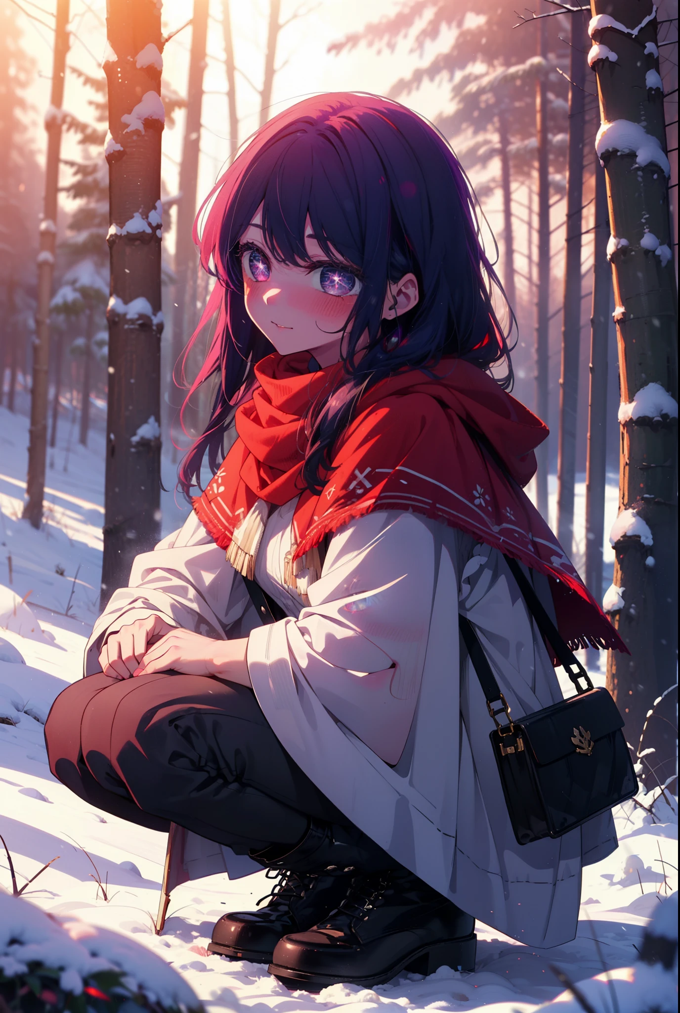 aihoshino, Ai Hoshino, Long Hair, bangs, (Purple eyes:1.1), Purple Hair, (Symbol-shaped pupil:1.5), smile,,smile,blush,white breath,
Open your mouth,snow,Ground bonfire, Outdoor, boots, snowing, From the side, wood, suitcase, Cape, Blurred, , forest, White handbag, nature,  Squat, Mouth closed, Cape, winter, Written boundary depth, Black shoes, red Cape break looking at viewer, Upper Body, whole body, break Outdoor, forest, nature, break (masterpiece:1.2), Highest quality, High resolution, unity 8k wallpaper, (shape:0.8), (Beautiful and beautiful eyes:1.6), Highly detailed face, Perfect lighting, Highly detailed CG, (Perfect hands, Perfect Anatomy),