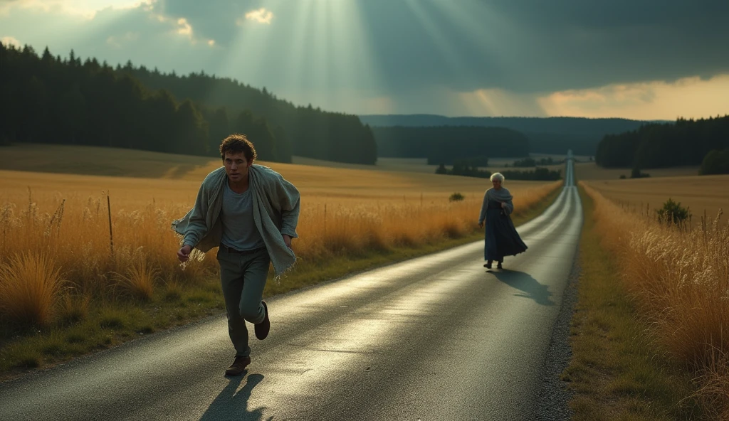 As the young man races down the road, he suddenly sees the same old woman standing eerily on the roadside again, her figure still and watching him.