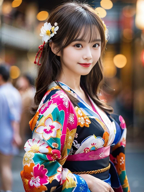 beautiful woman wearing yukata at summer festival, hyper realistic, 8k, highly detailed, photorealistic, intricate details, studio lighting, cinematic lighting, volumetric lighting, vibrant colors, warm color palette, beautiful long black hair, gorgeous smile, deep brown eyes, flawless skin, figure, elegant pose, sensual, glamorous, graceful, cinematic atmosphere, soft bokeh background