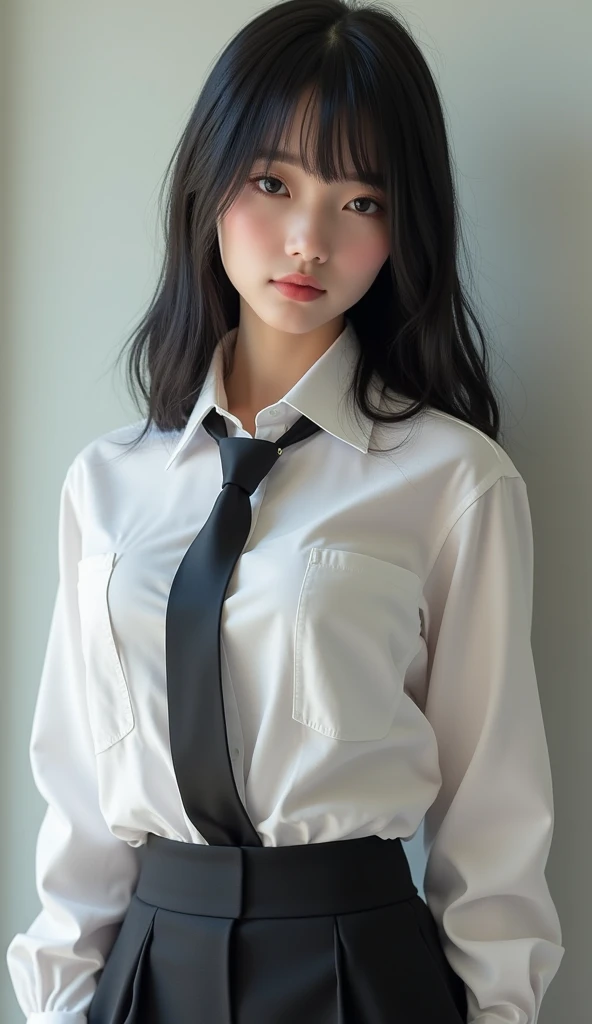 Neat、I am half Japanese and half Russian, a beautiful woman、I am a 1。Black Hair、Straight long hairstyles、Beautiful small face with short eyelashes、Boyish eyes、High nose、Deep blue eyes、Very thin upper lip、Milky skin、Accurate and attractive body shape、Beautiful bust、Waist、Hip、Thighs、knees、foot、tie、I am wearing a white collared shirt。Upper Body、Real Stick、Masterpiece、Highest quality