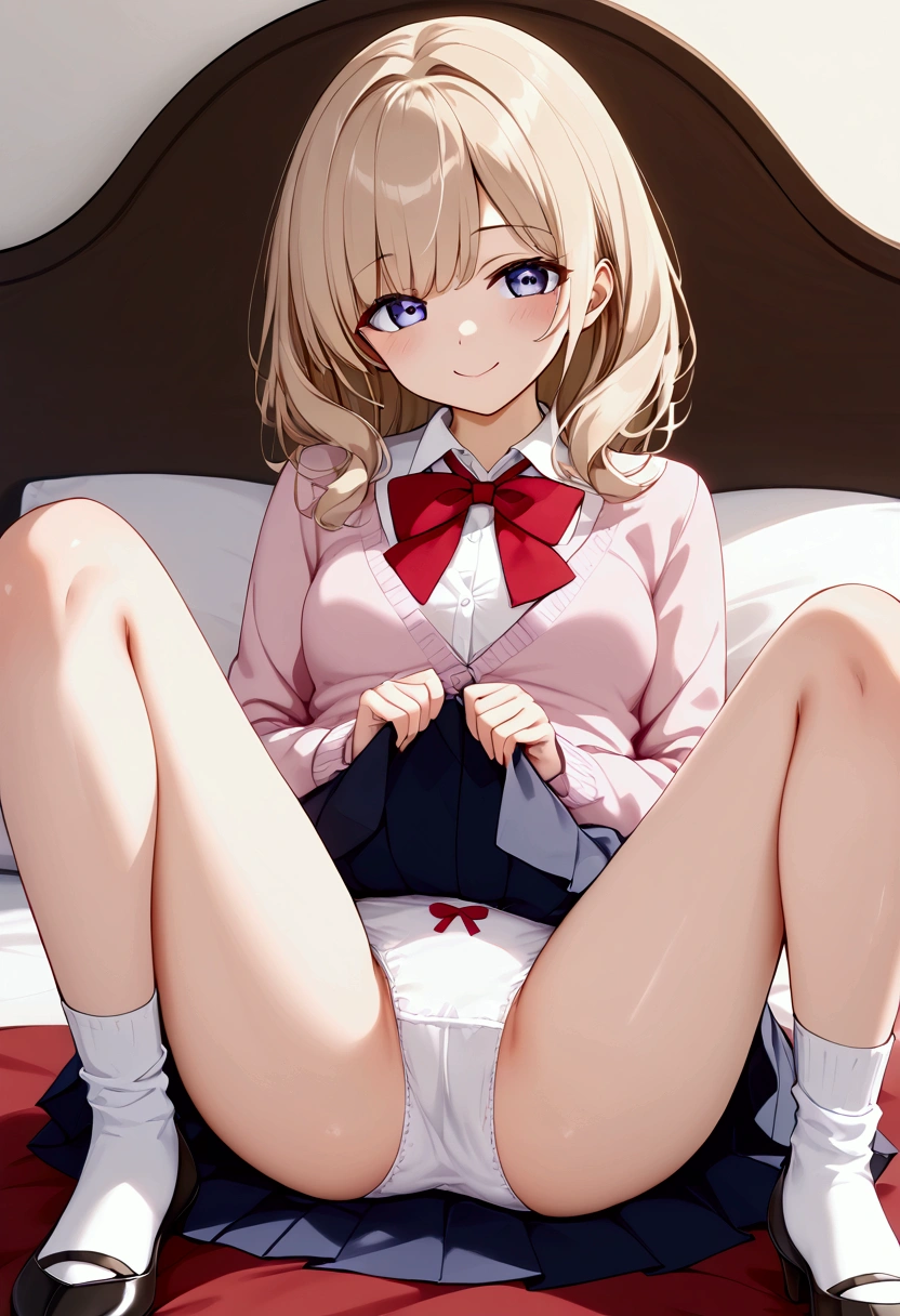 Highest quality, High resolution, masterpiece:1.2, Very detailed, woman１people、cute、blouse、Pleated skirt、Red ribbon、Small breasts、Beige hair、Very young、bed、(Pink Cardigan)、smile、Straight medium hair、White socks、((Sitting with Knees Up))、(((Skirt Lift)))、 ((spread legs))、(((White panties)))、Lace panties