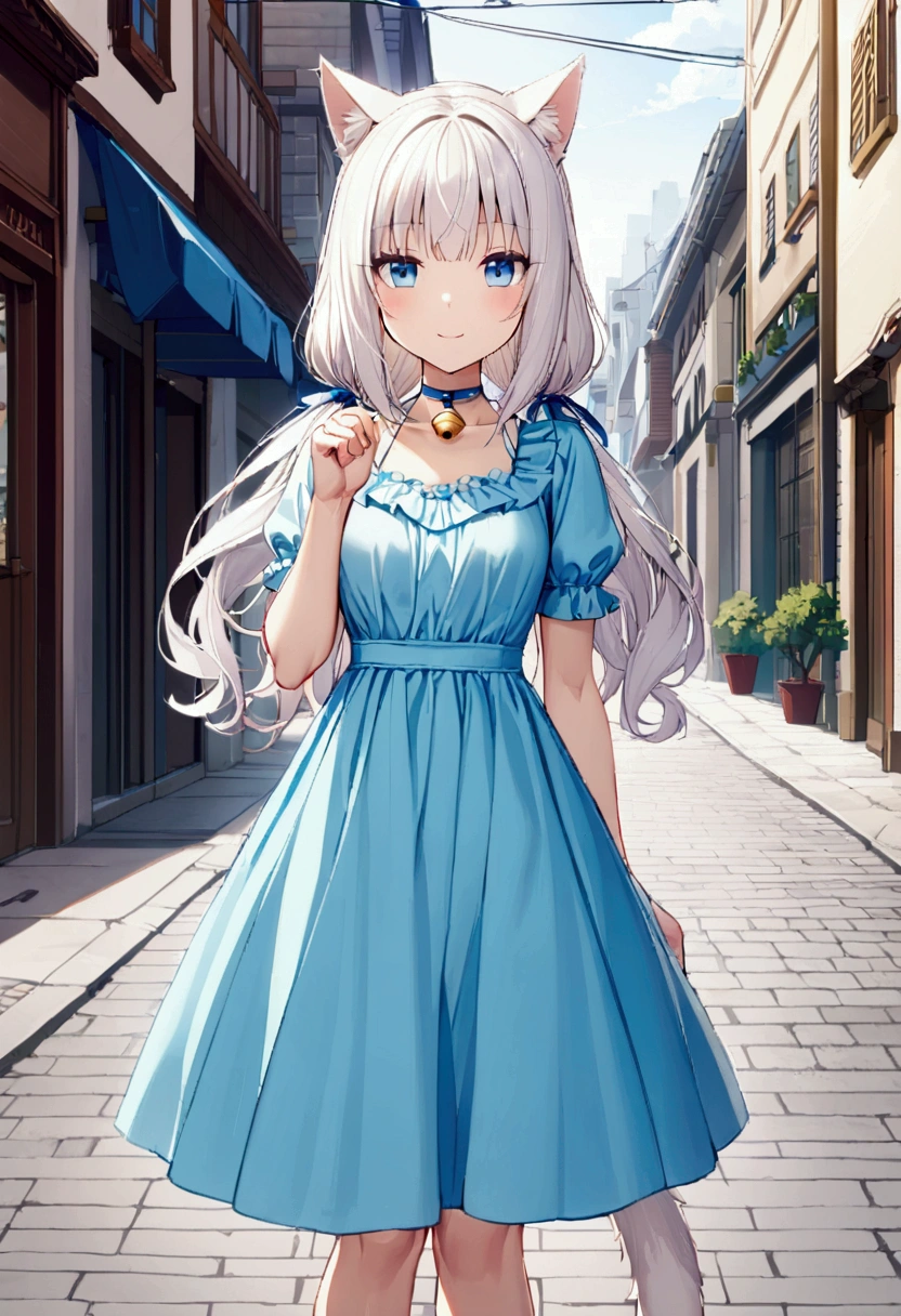 1girl with white hair, blue eyes, calm face, cat ears, cat tail, long hair, golden bell on neck, regular dress, outdoors, street, smile