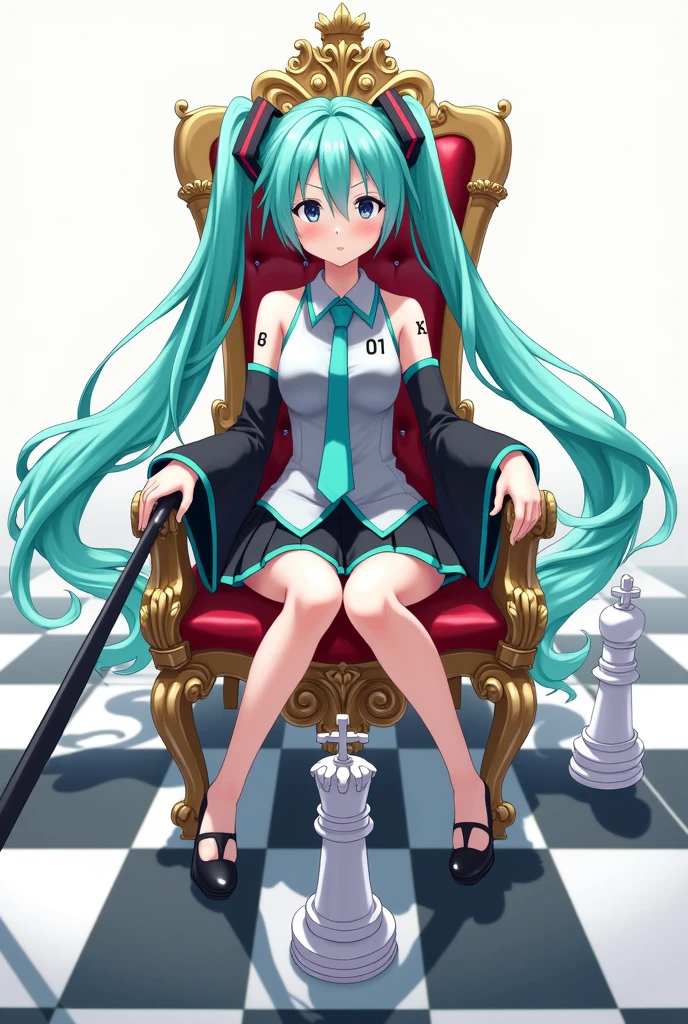 Japanese anime, anime art, anime style, detailed drawing, white background, high definition, high quality, high resolution, chessboard (floor), white king (chess), crown, sceptre, throne, one girl, solo, Miku Hatsune, aqua hair, twintails, head ornament (black / red line), headphones, 01 (red number tattoo on her left hand), grey shirt, collared shirt, sleveless shirt, black sleeves (aqua line), detached sleeves, aqua necktie, aqua nails, black skirt (aqua line), pleated skirt, mini skirt, zettai ryouiki, thigh boots, black thigh-high (aqua line), Hatsune Miku wearing a crown and holding a long spectre; she sits on the throne; the throne is set on a chessboard. Add one white king chess (add cross on it) beside her.