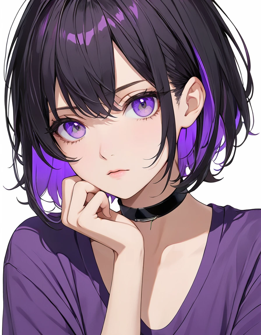 High-resolution anime digital art, Masterpiece, upper body, tomboy, mature, sexy, smart, short hair color pitch black, real detail eyes pupil purple, long purple plain shirt, black chokers, flat face (simple background, white background)